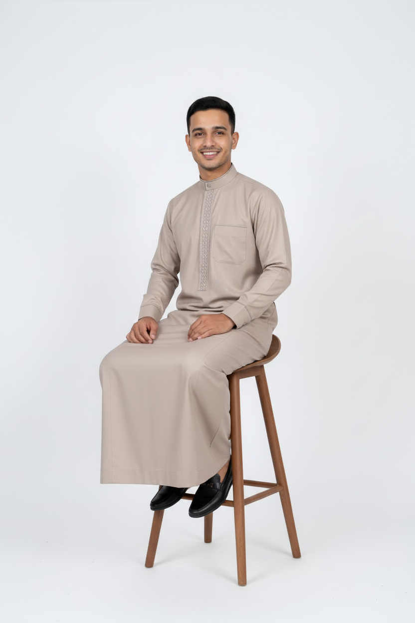 Warm Linen Geometric Embroidered Thobe | Men's Mandarin Collar Jubba