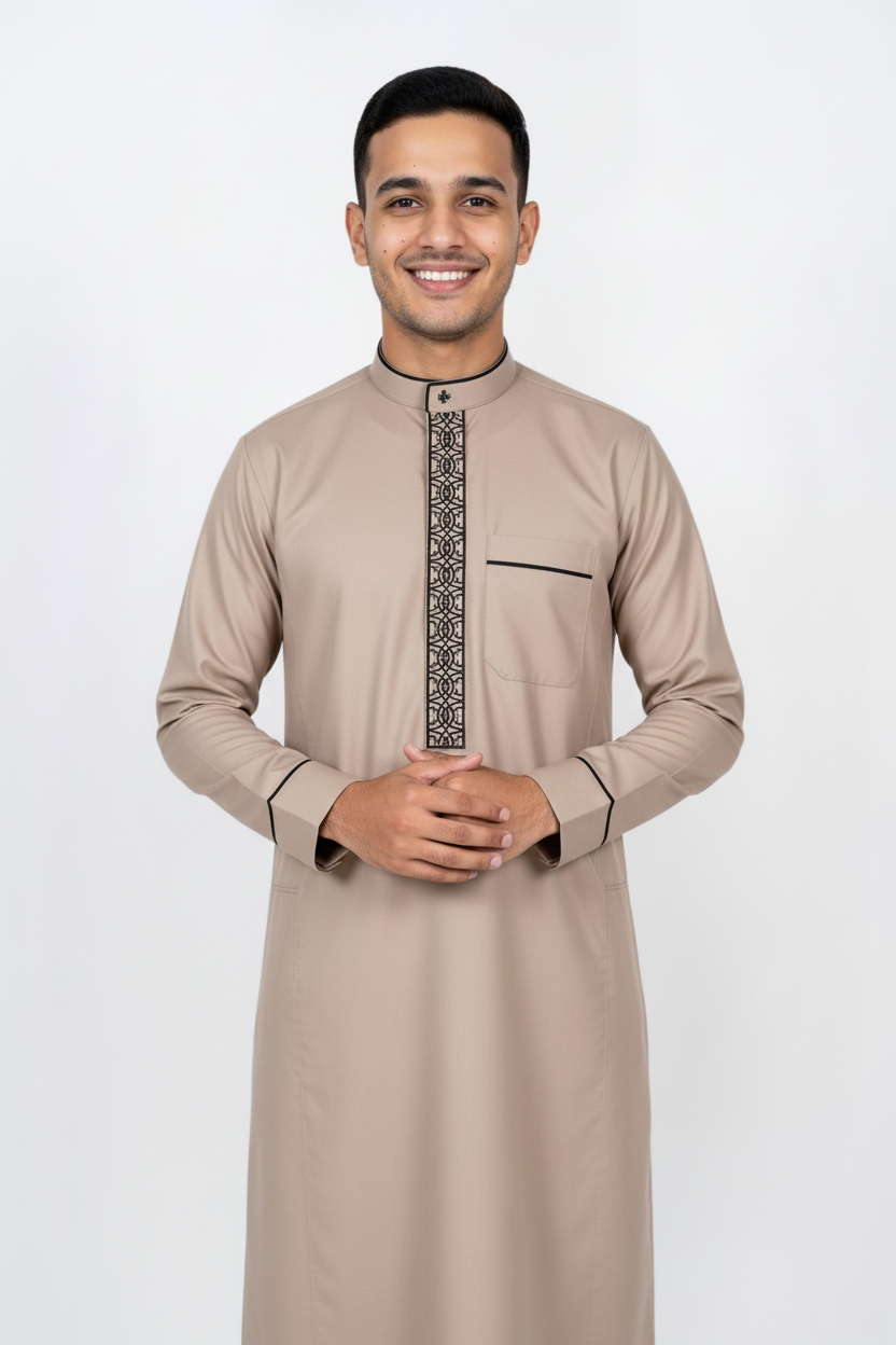 Premium Honeycomb Textured Men's Thobe | Exclusive Sand Beige Geometric Jubba
