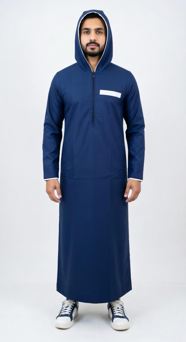 Premium Navy Blue Hooded Men's Thobe | Sporty Half-Zip Jubba