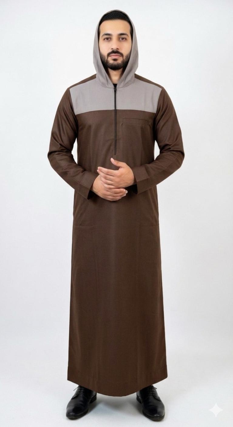 Mocha Brown & Sand Color Block Hooded Men's Thobe | Sporty Casual Jubba