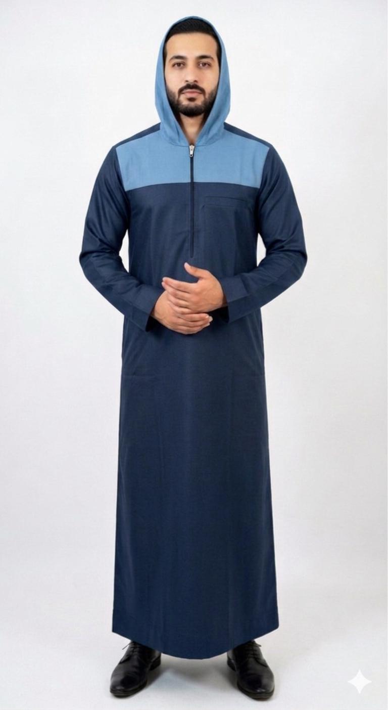 Navy & Steel Blue Color Block Hooded Men's Thobe | Sporty Jubba