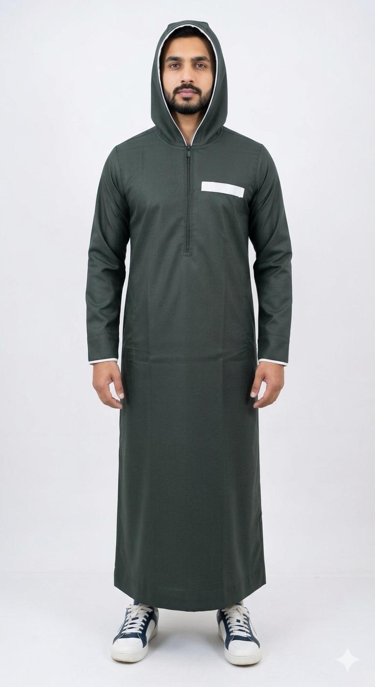 Premium Dark Green Hooded Men's Thobe | Athletic Half-Zip Jubba