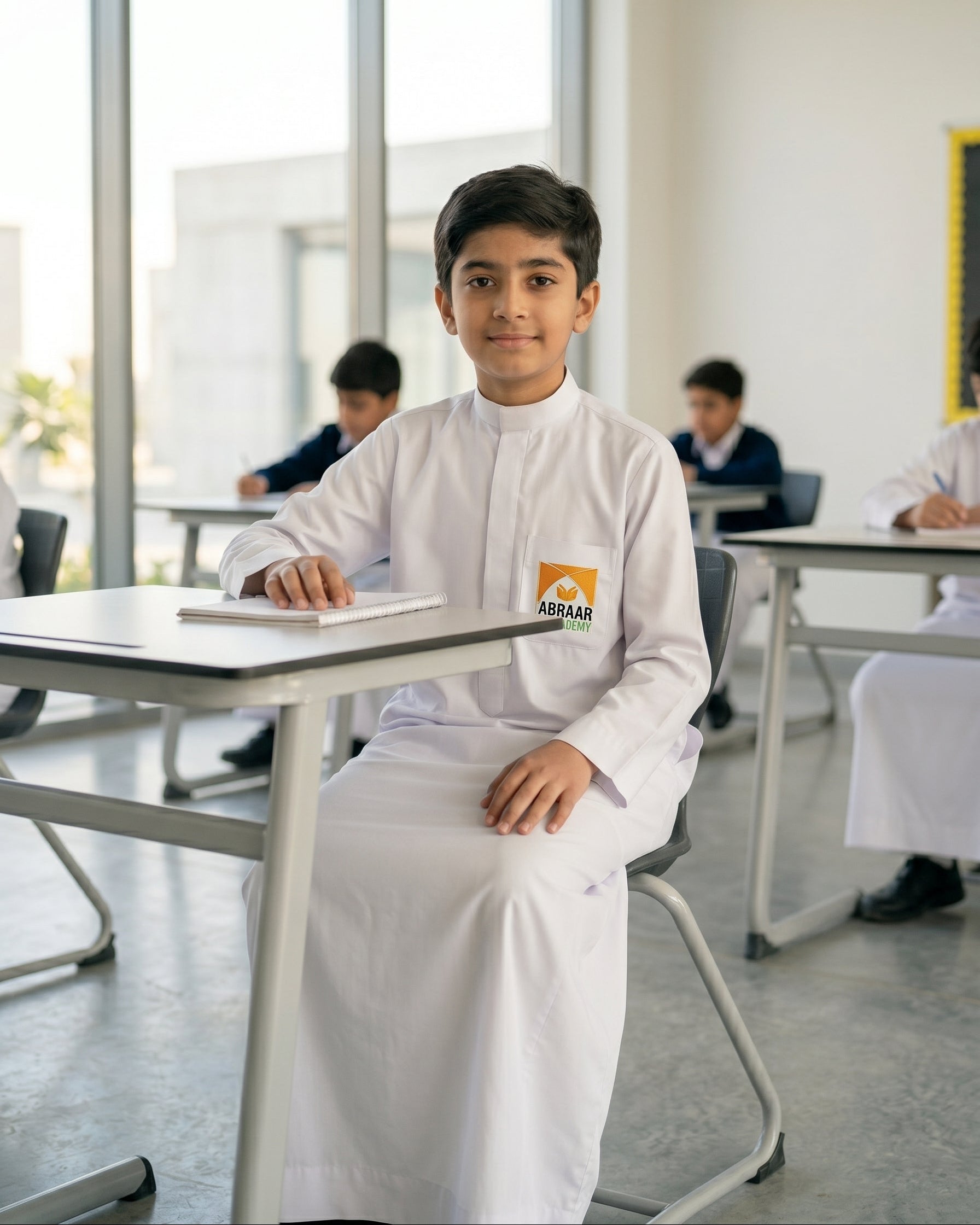 Young student wearing the official Abraar Academy boys' white uniform thobe, sitting at a desk in a classroom, Islamic school uniform for kids, durable white jubbah with school logo.
