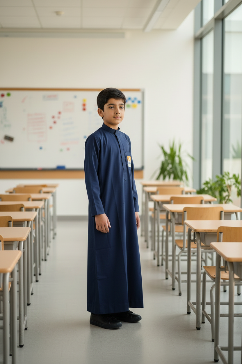 Full-length view of a student wearing the navy blue Abraar Academy uniform thobe, featuring a clean mandarin collar and custom school logo patch for modest Islamic school wear. the topiwala, bulk wholesale query, cotton, polyester, chicago USA. school uniforms.