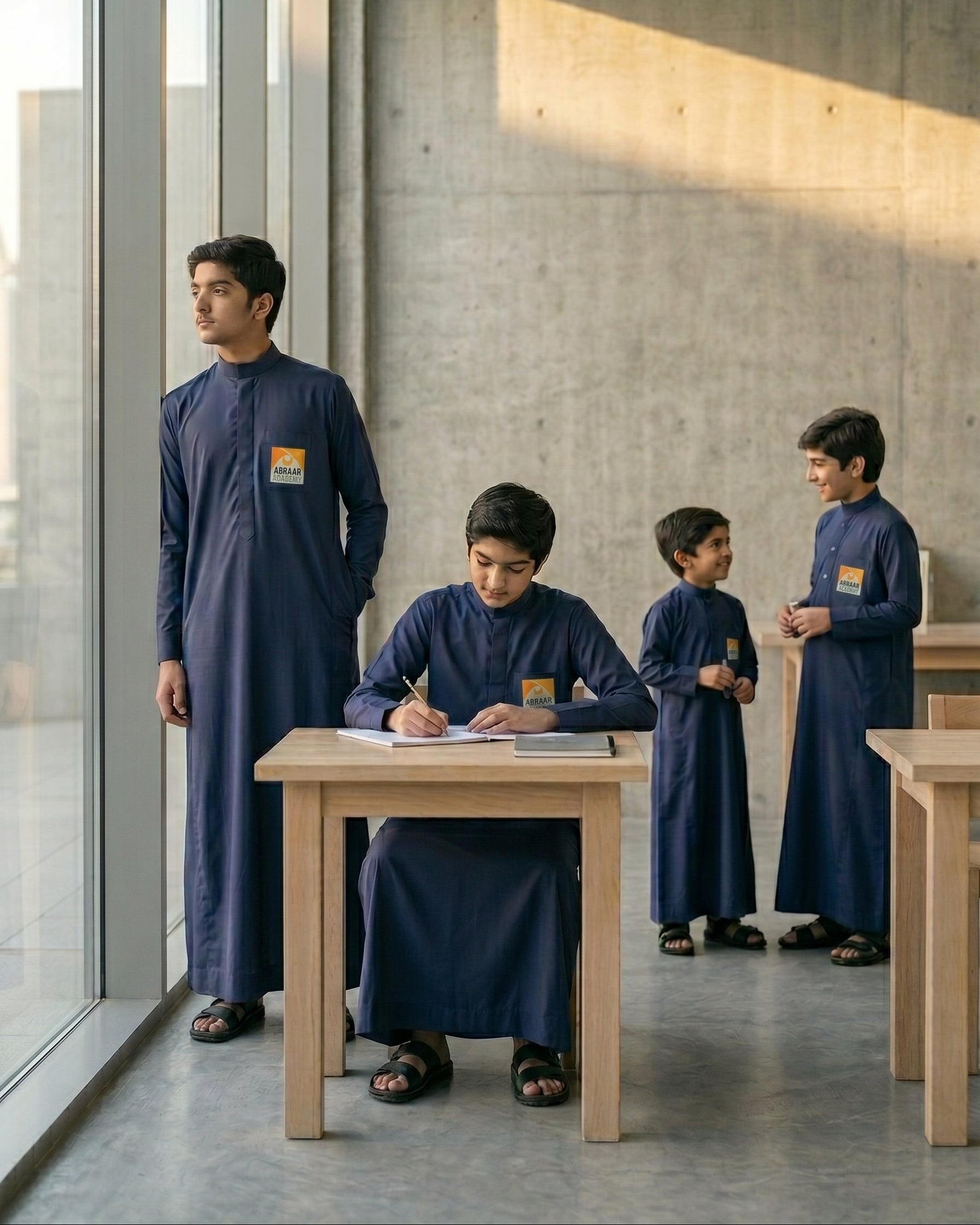 Group of students and a teacher wearing the official Abraar Academy navy blue uniform thobes, demonstrating available sizes for kids, boys, and men, high-quality Islamic school attire with embroidered logo.