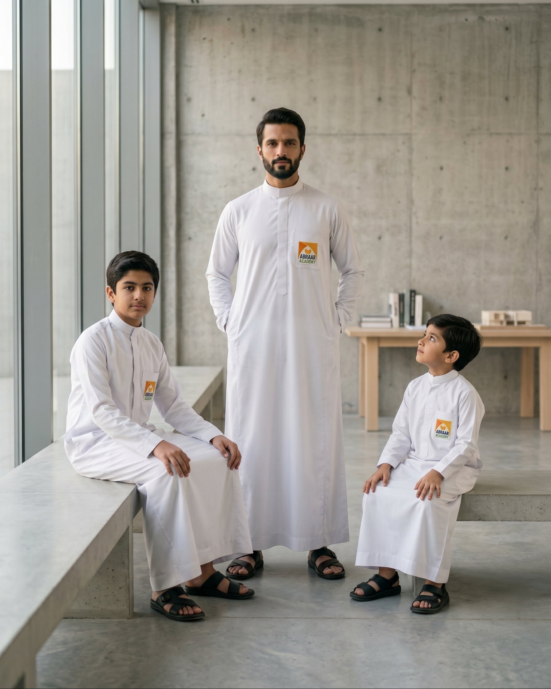 Group of students and a teacher wearing the official Abraar Academy white uniform thobes, demonstrating available sizes for kids, boys, and men, high-quality Islamic school attire with embroidered logo.