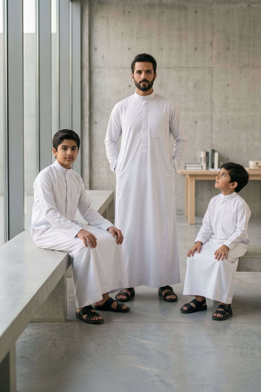 Official Abraar Academy white uniform thobe, close-up of the embroidered detailing