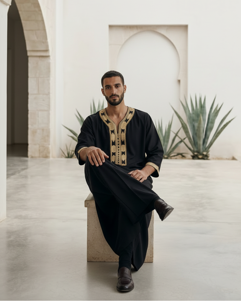 Authentic Moroccan style men's gandora in black and gold, luxury Islamic menswear, modest apparel for Muslims, traditional Middle Eastern clothing, premium three quarter sleeve thobe, best Eid clothing for men, modern modest wardrobe essentials.