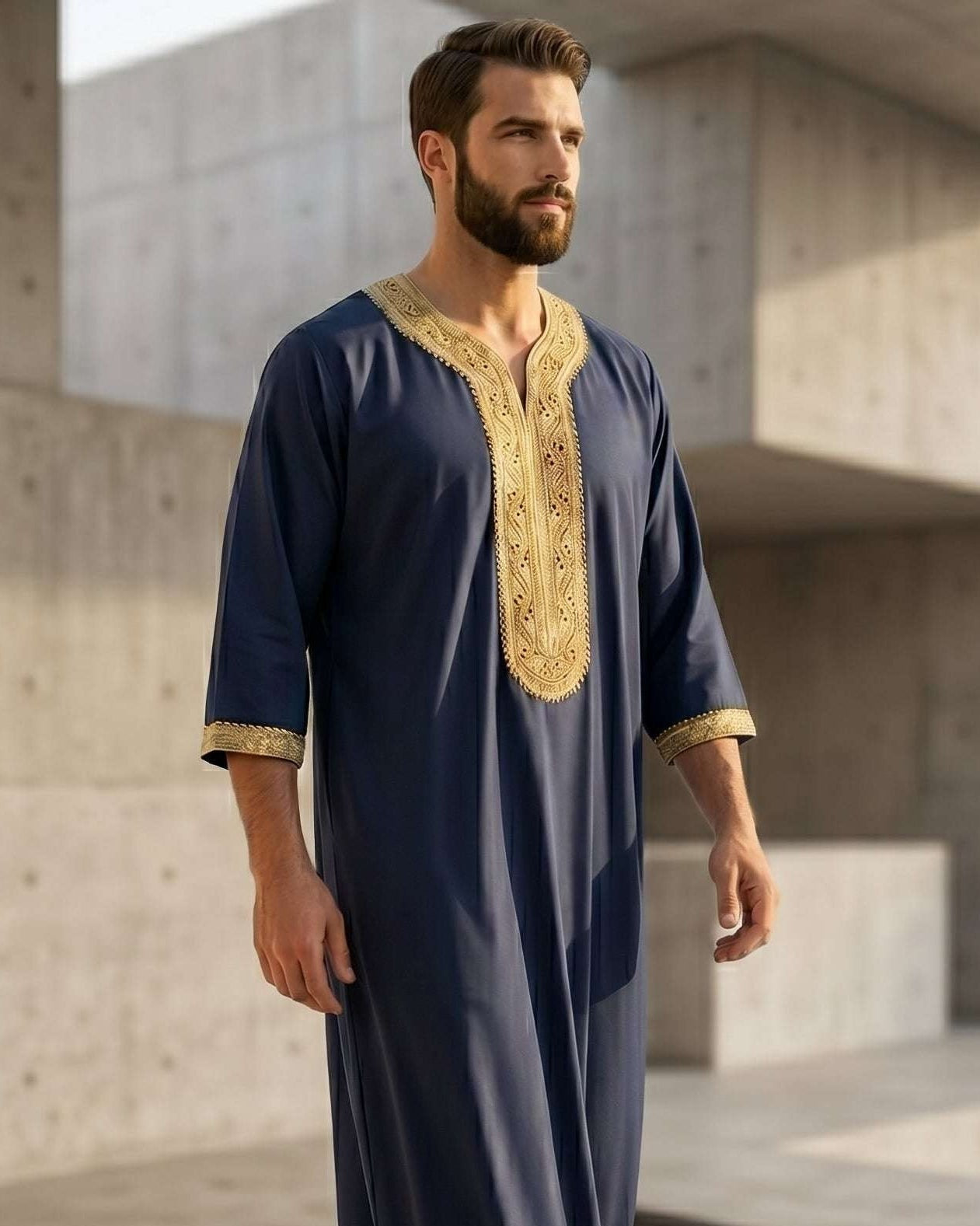 Navy blue Moroccan gandora with gold embroidery for men, full front view