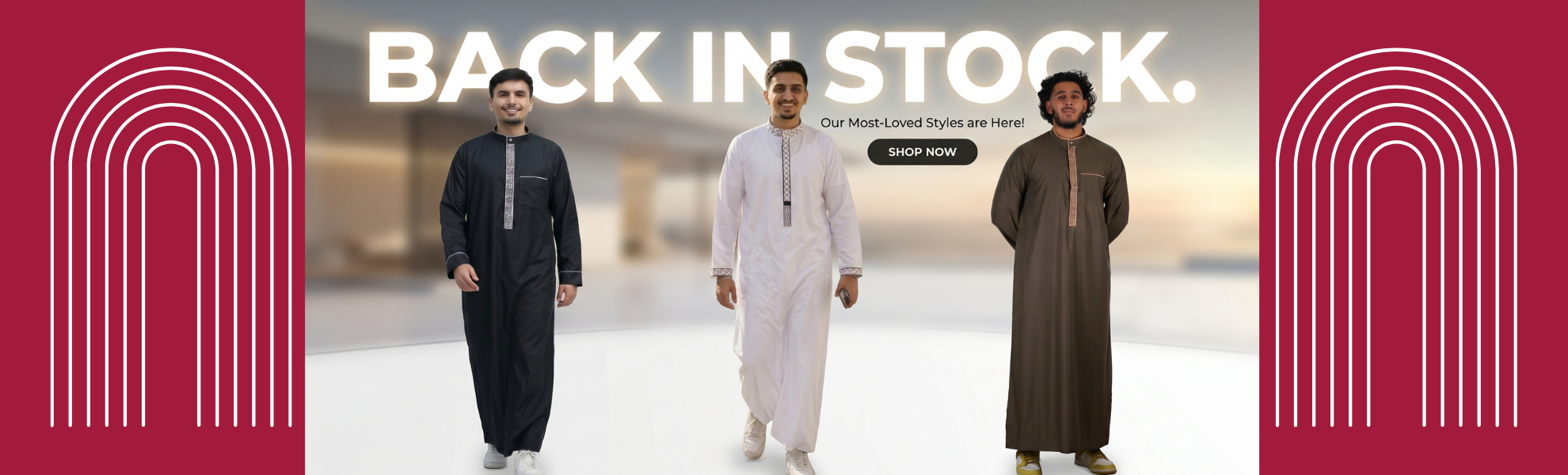 Back in stock banner for The Topiwala featuring three men in premium embroidered thobes in black, white, and brown. Text reads: Back In Stock, Our Most-Loved Styles are Here! Shop top-quality Islamic home clothing, comfortable casual jubbas, and modern modest menswear. Discover the perfect everyday Sunnah wear, relaxing Muslim loungewear, and elegant traditional attire for daily prayers, home living, and formal events. Upgrade your wardrobe with our best-selling USA modest fashion for men.