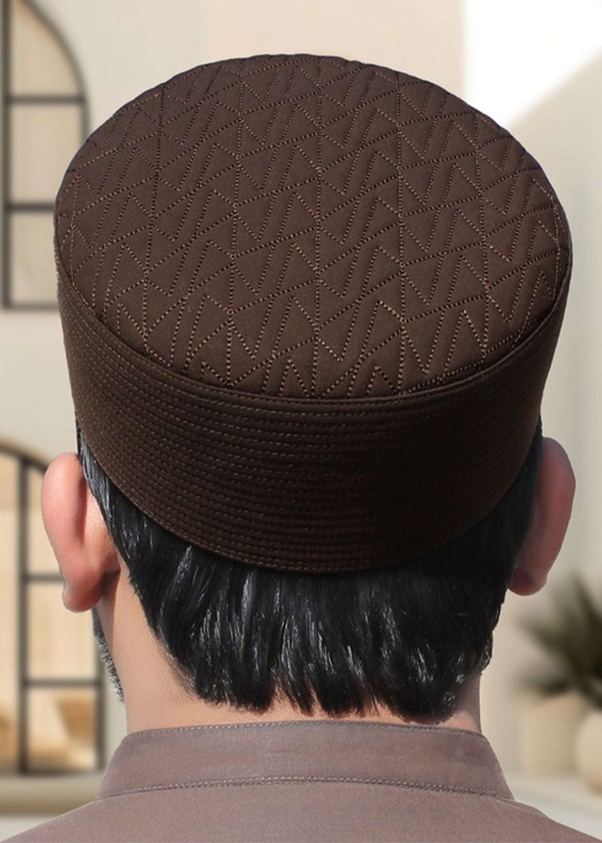 Chevron quilted structured kufi prayer cap for men, seen from above