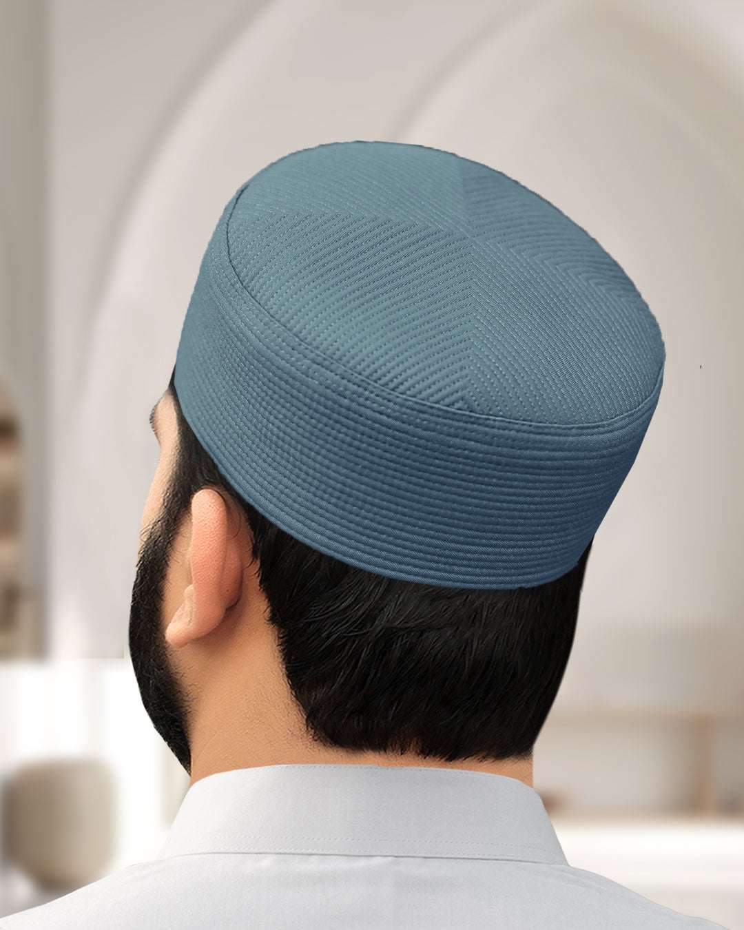 Light grey structured kufi prayer cap for men, made for daily salah