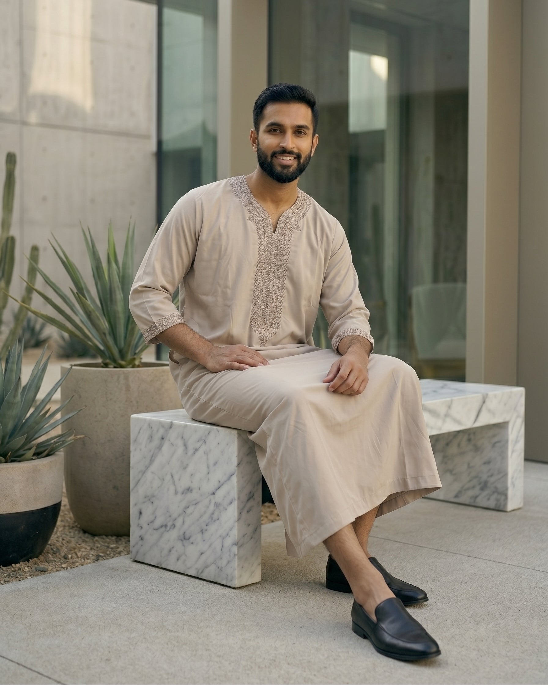 Elegant beige men's thobe with traditional embroidery, premium modest fashion, comfortable Friday prayer clothes, stylish Muslim men's apparel, high-quality Moroccan jubbah, designer Islamic garments, affordable Sunnah clothing.