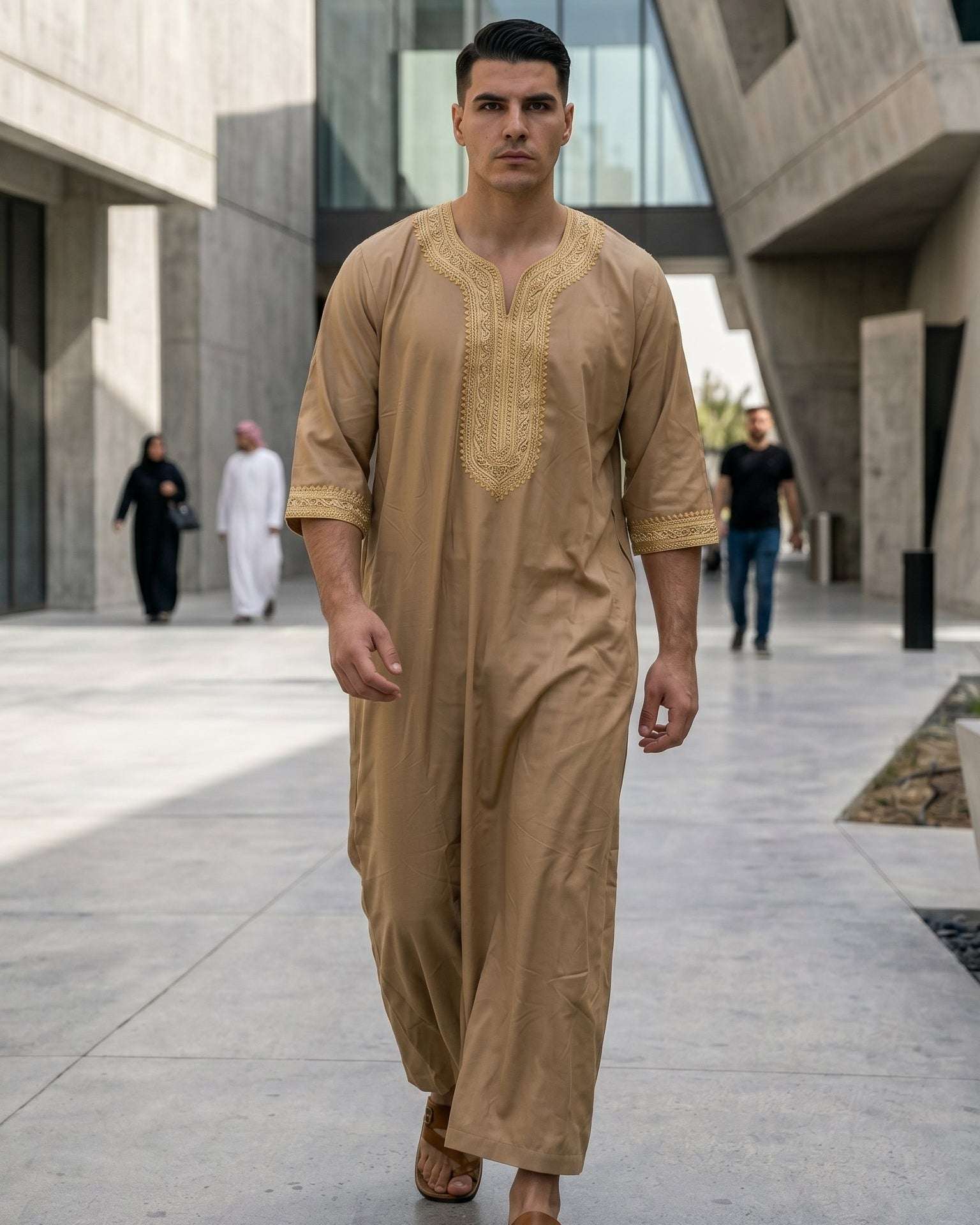 Beige Moroccan thobe with gold embroidery for men, full front view