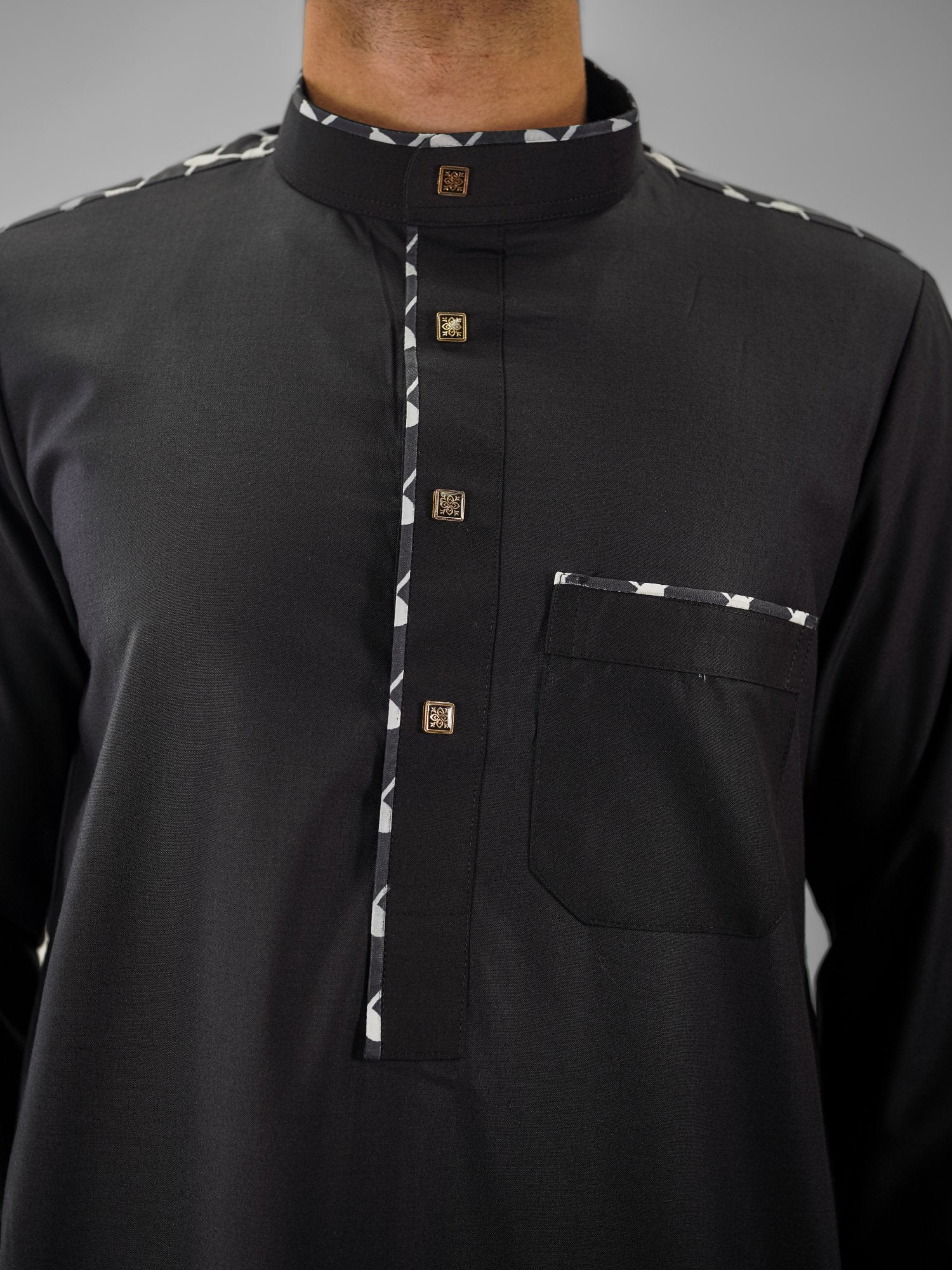 Black embroidered mandarin collar thobe for men, another view of the full length