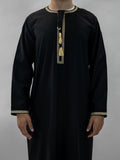 Men's Black Emirati Thobe – Gold Trim & Tarboush