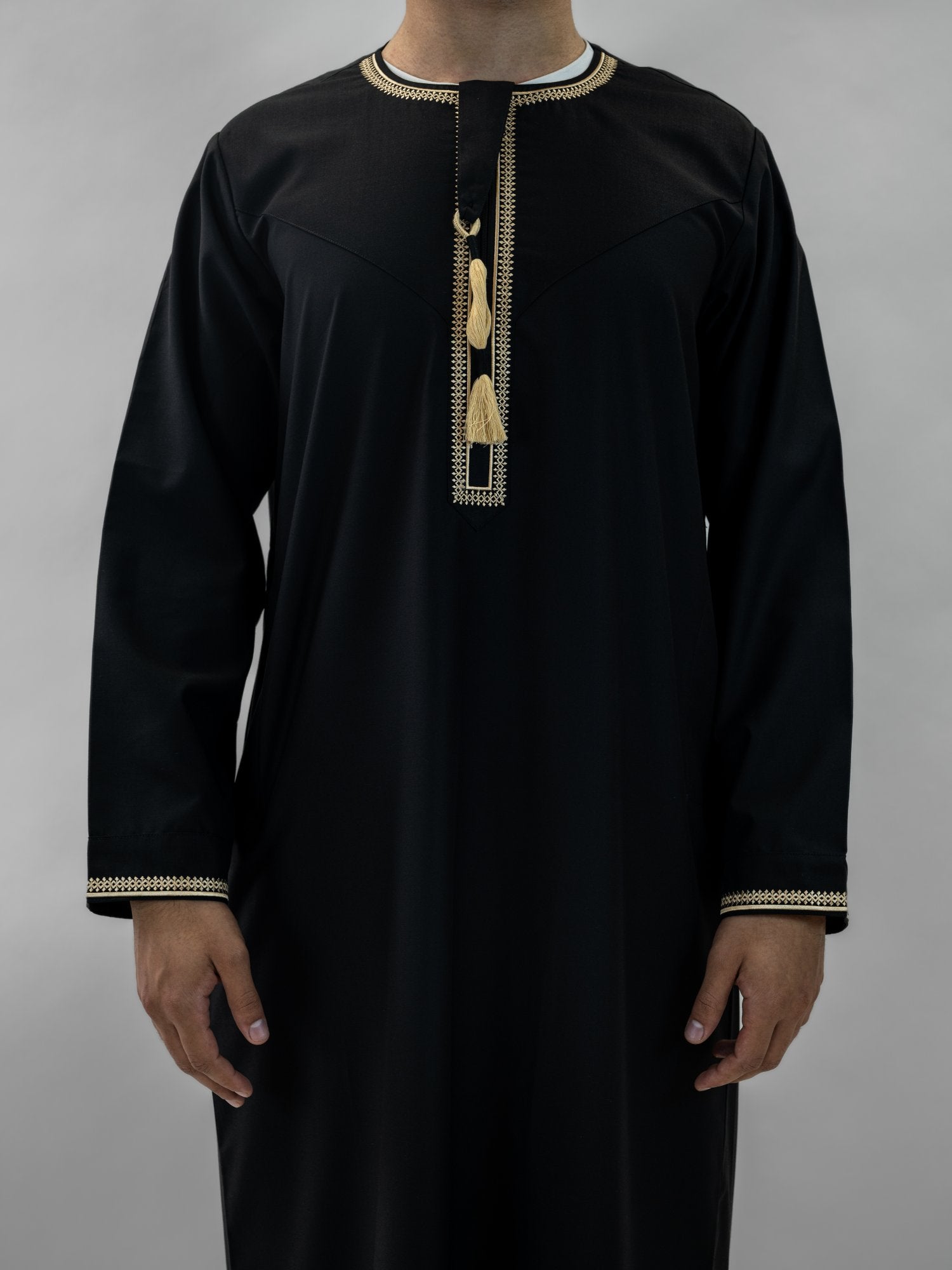 Black emirati gold trim tarboush thobe for men and boys, full front view