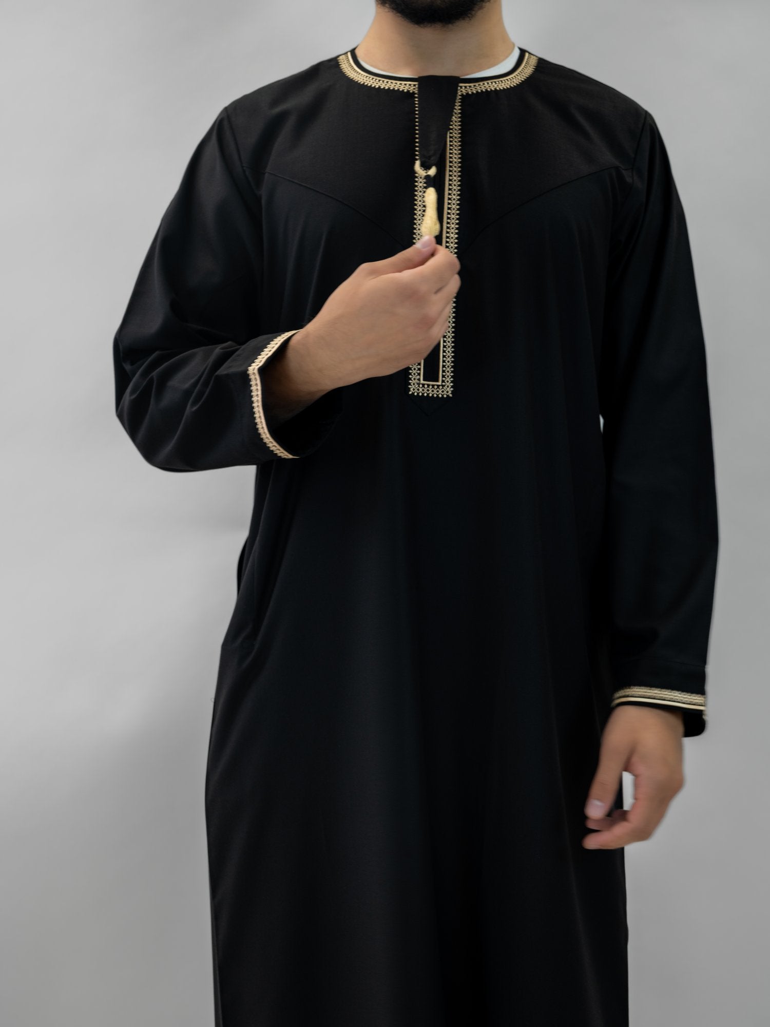 Black emirati gold trim tarboush thobe for men and boys, another view of the full length