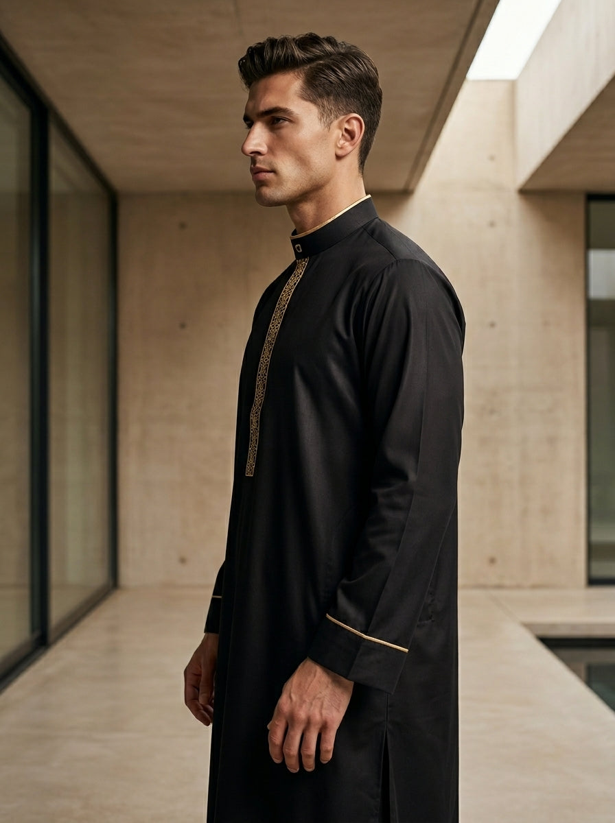 Premium Black Executive Thobe with Gold Embroidery