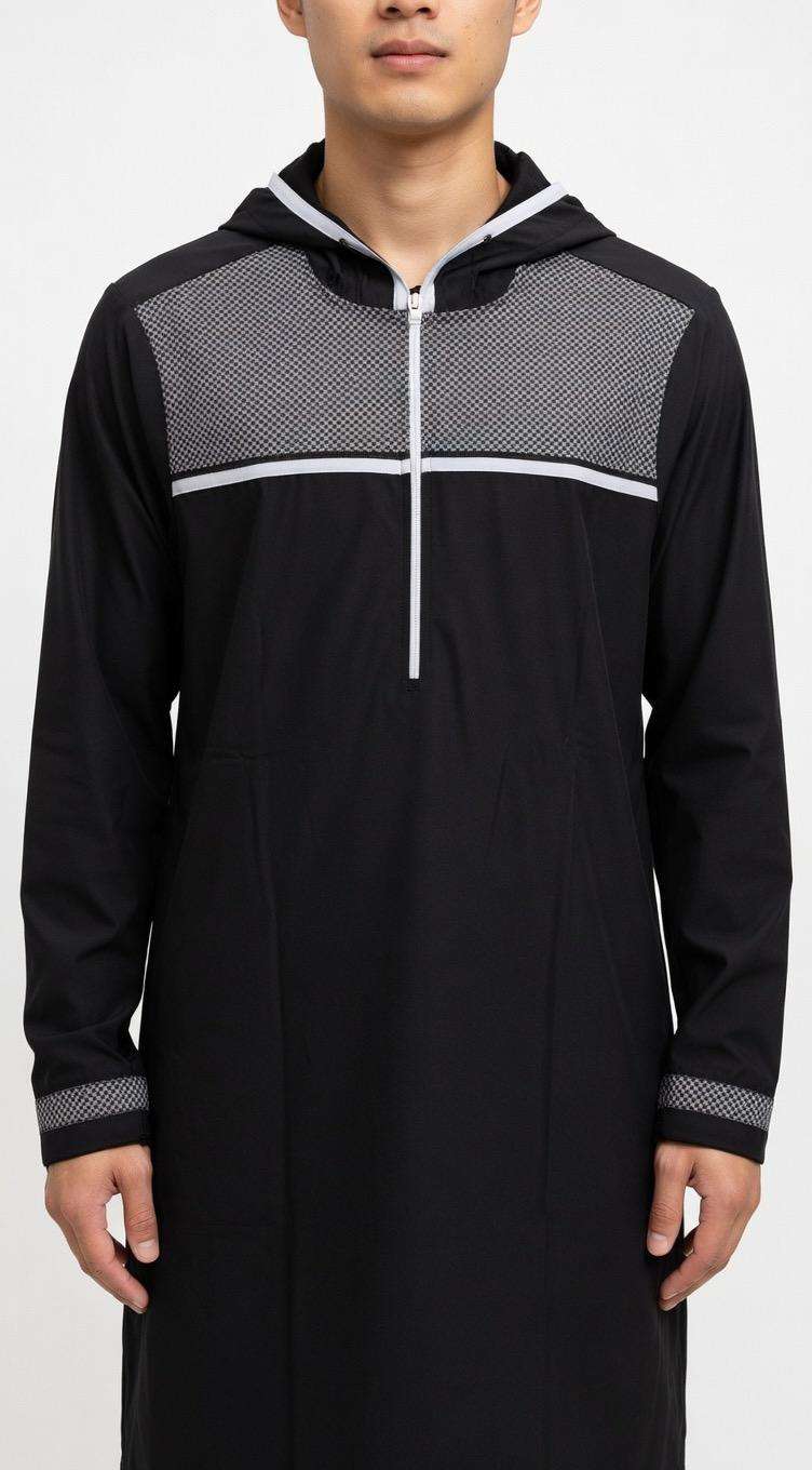 Black geometric panel hooded thobe with half-zip for men, close-up of the embroidered detailing