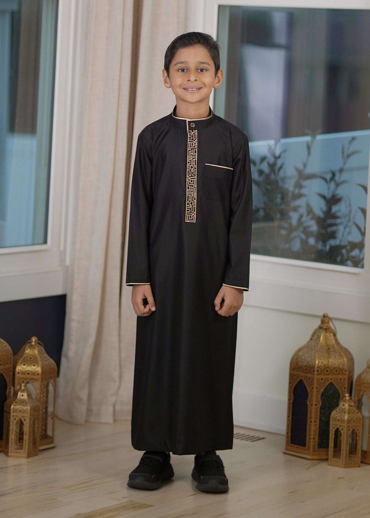 Black and gold embroidered thobe with mandarin collar for boys, full front view