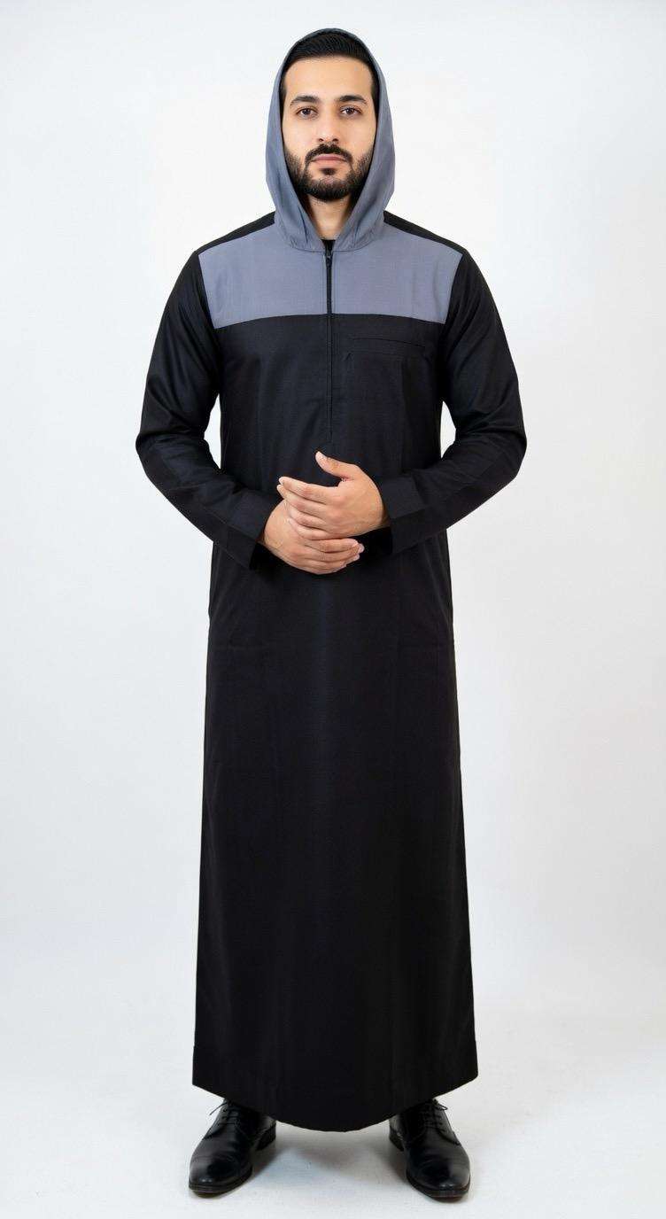 Black and grey hooded thobe for men, close-up of the hood and zip