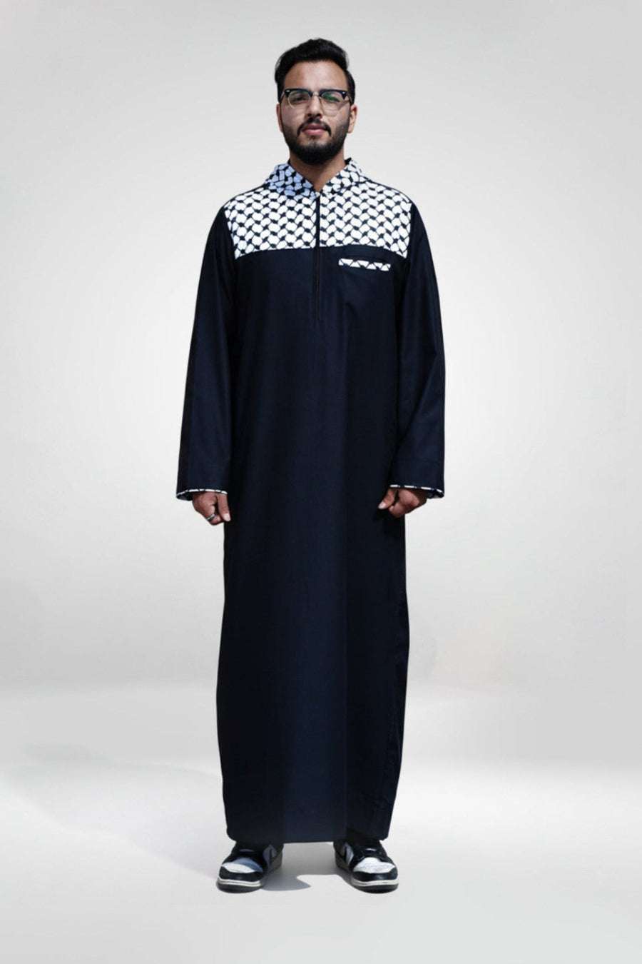 Black hooded thobe with Kufiya panel for men, full front view