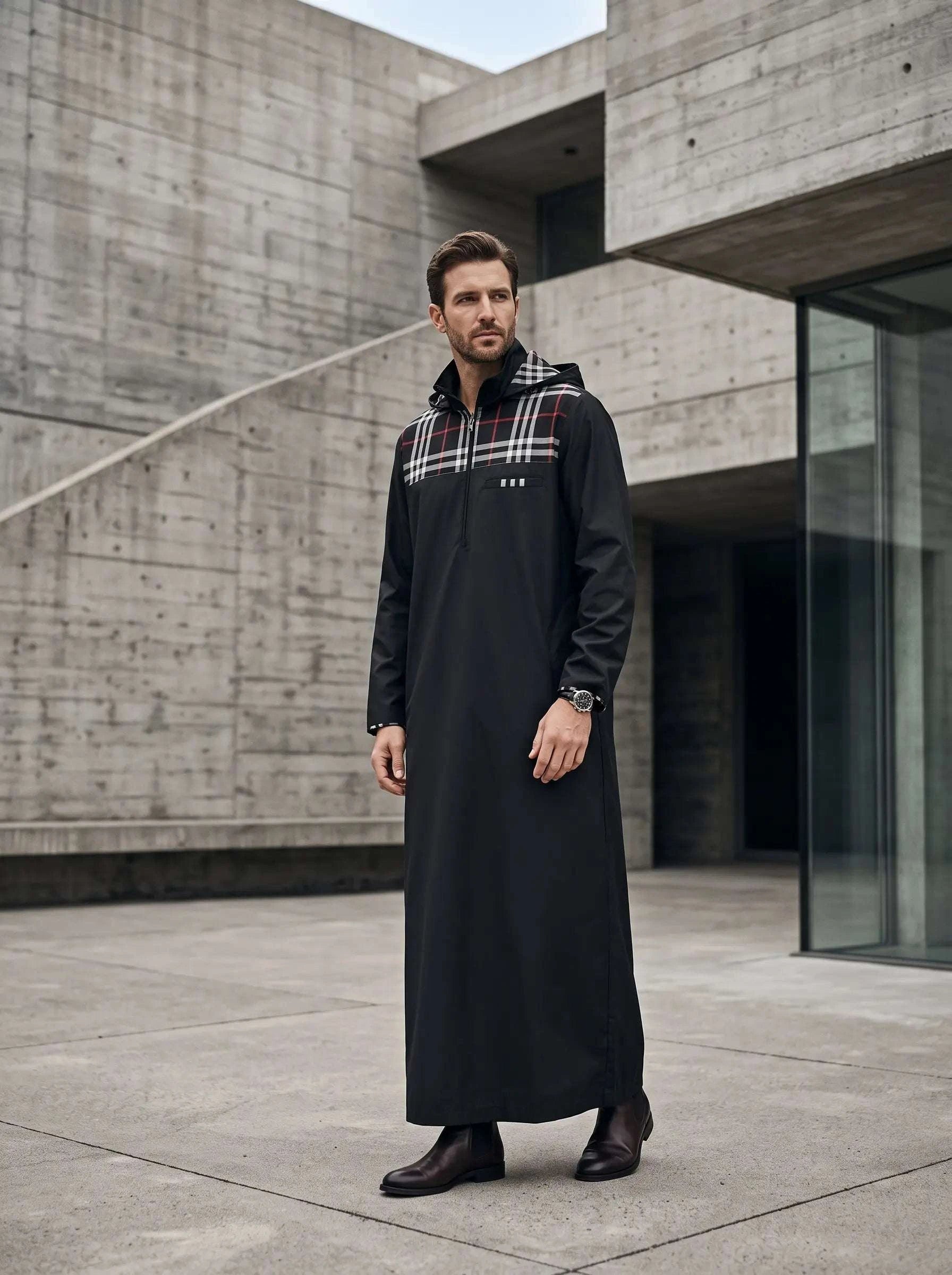 Black hooded sport thobe with plaid pattern for men, close-up of the embroidered detailing