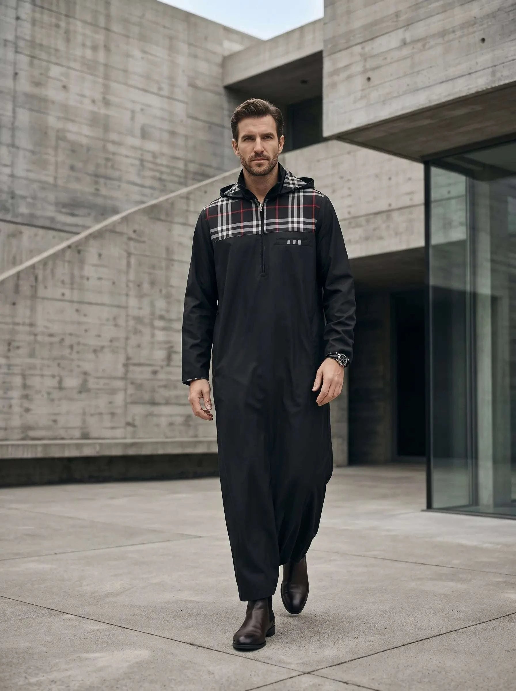 Black hooded sport thobe with plaid pattern for men, full front view
