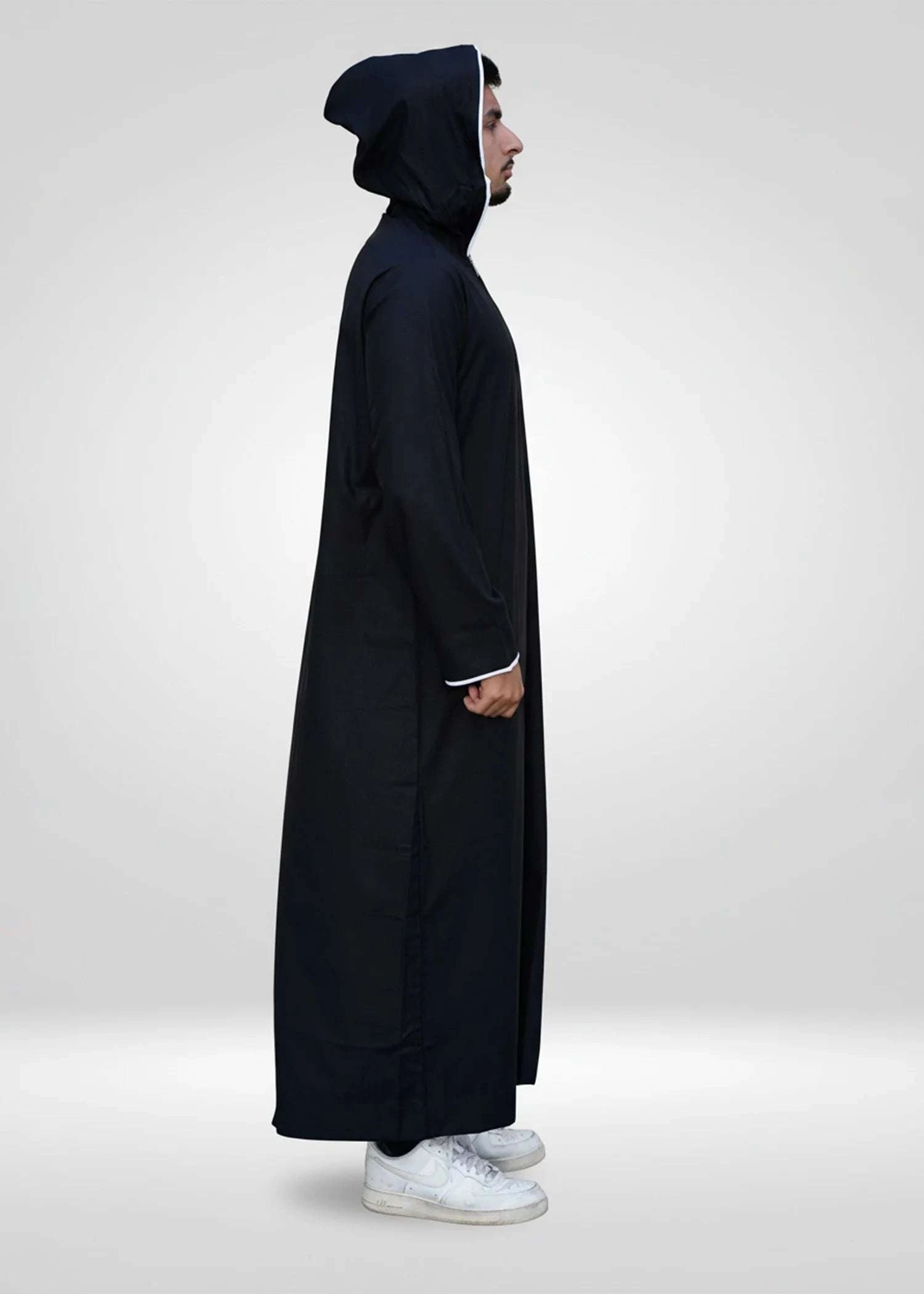 Black hooded thobe with sporty trim for men, back view
