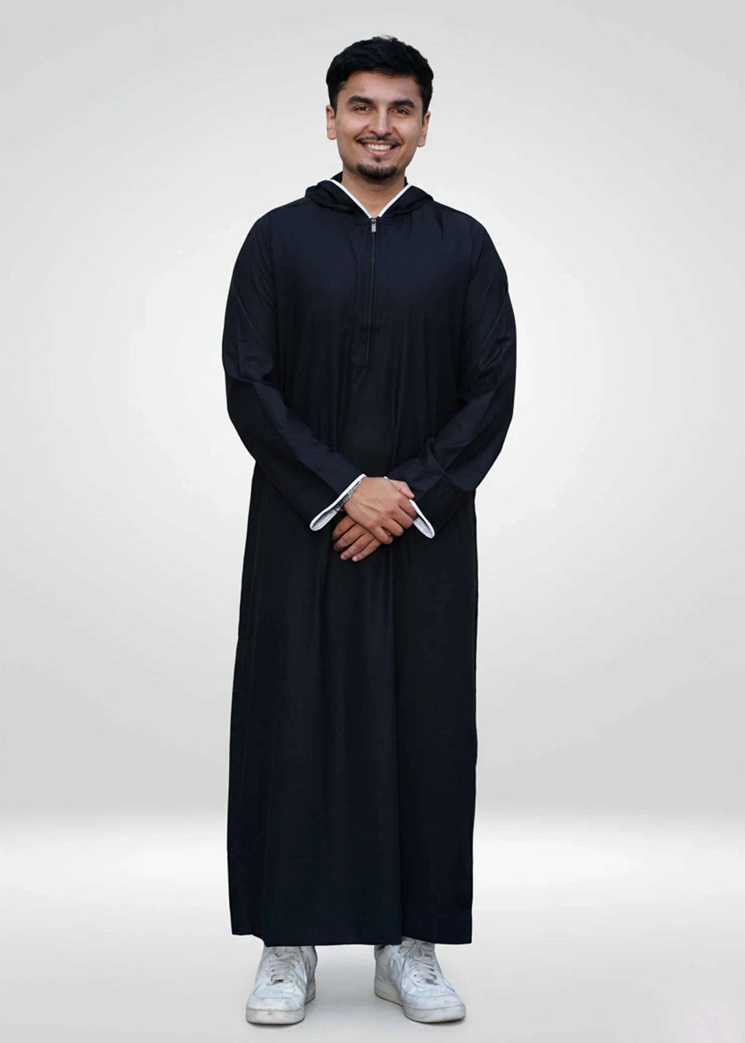 Black Hooded Thobe | Men's Sporty Trim Zip-Front Jubba