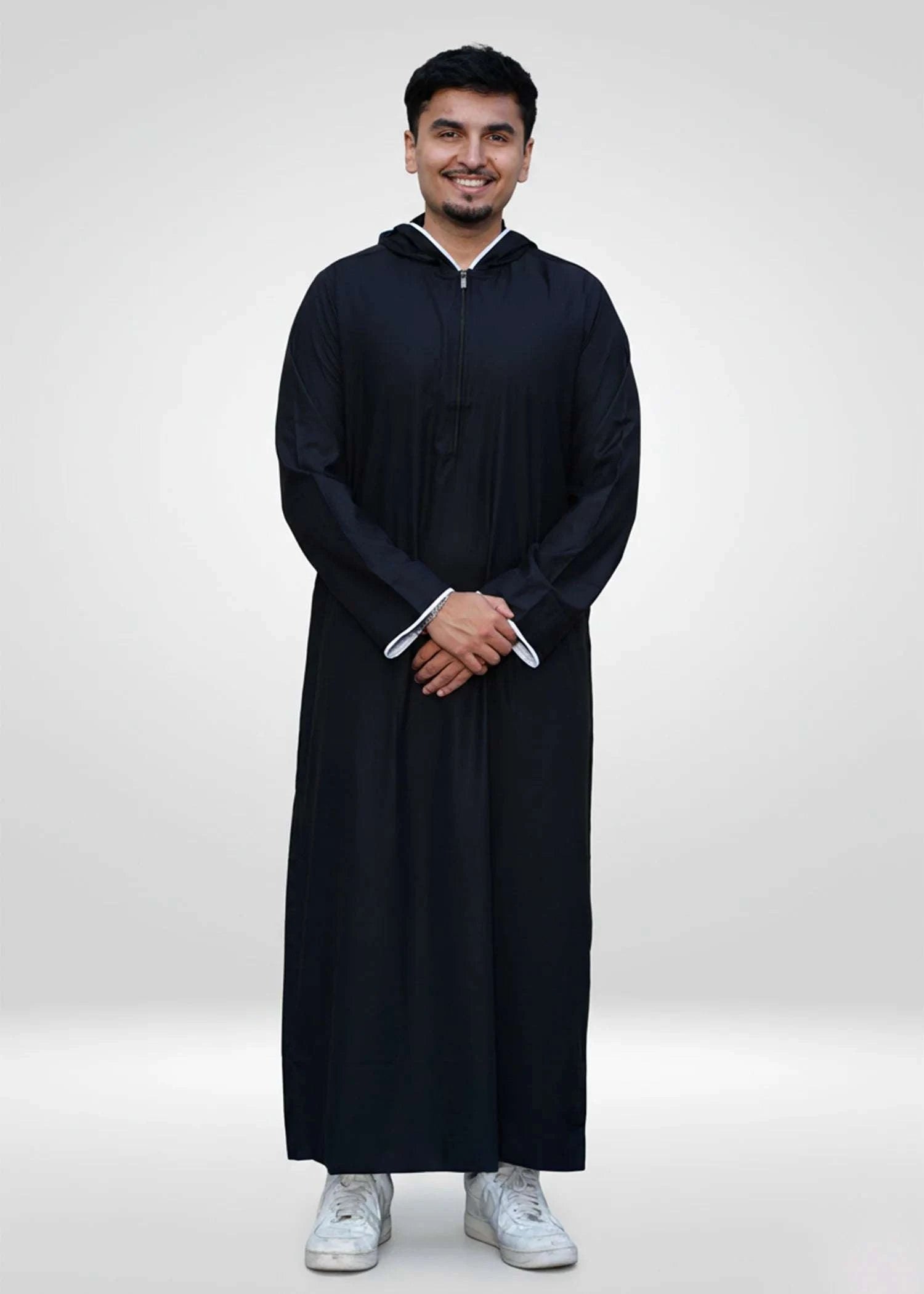 Black hooded thobe with sporty trim for men, full front view