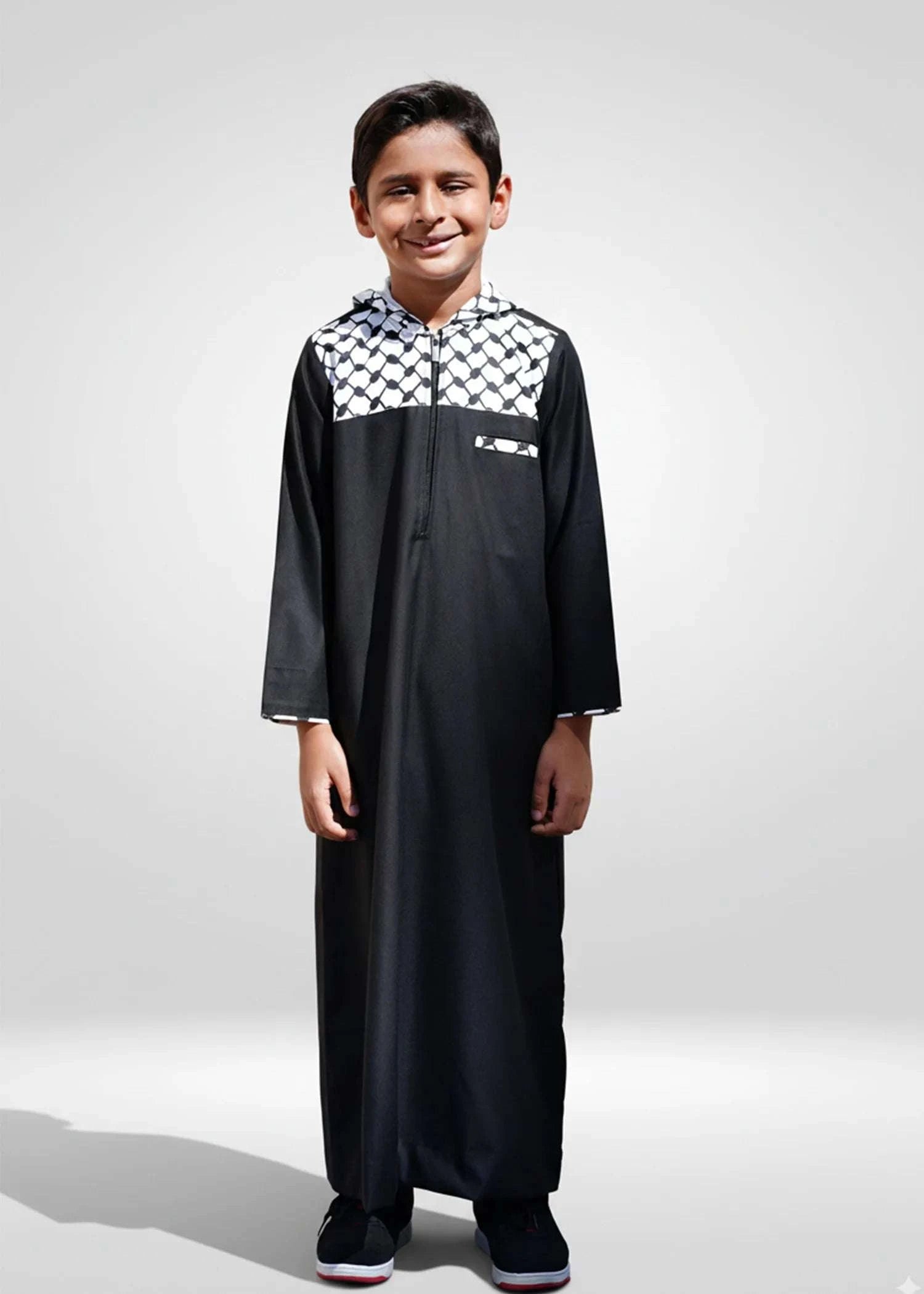 Black Kufiya hoodie thobe with Palestinian pattern for boys, full front view