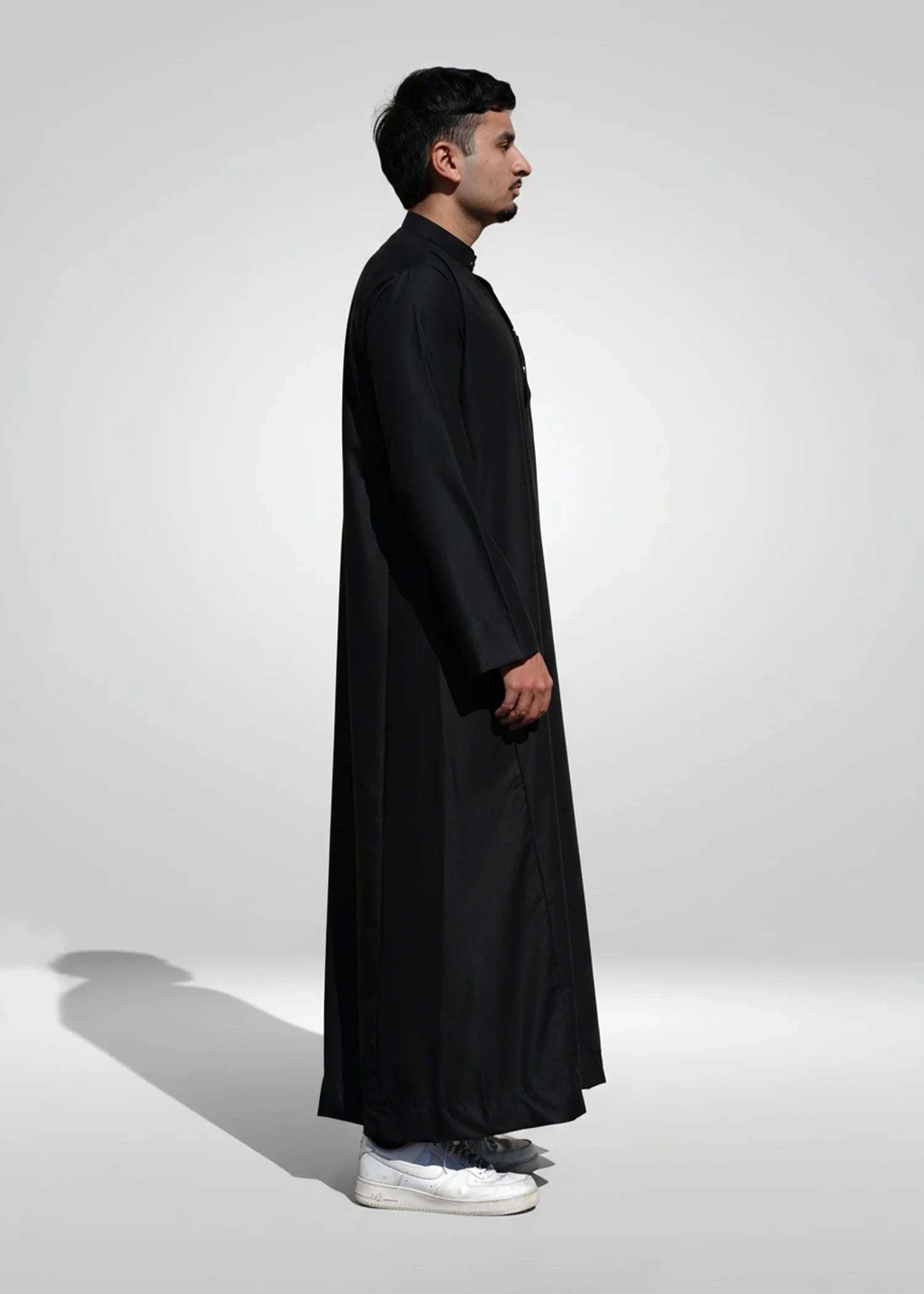 Black thobe with mandarin collar for men, back view
