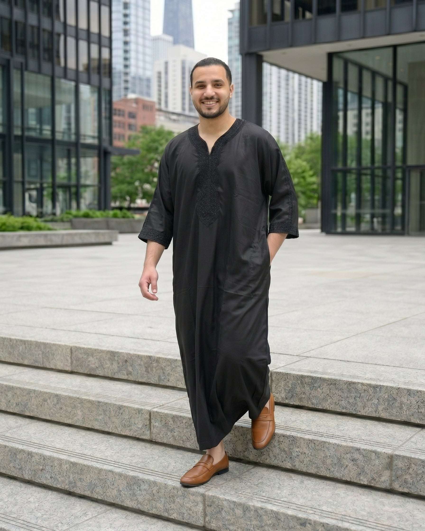 Black Moroccan thobe with three-quarter sleeves for men, full front view