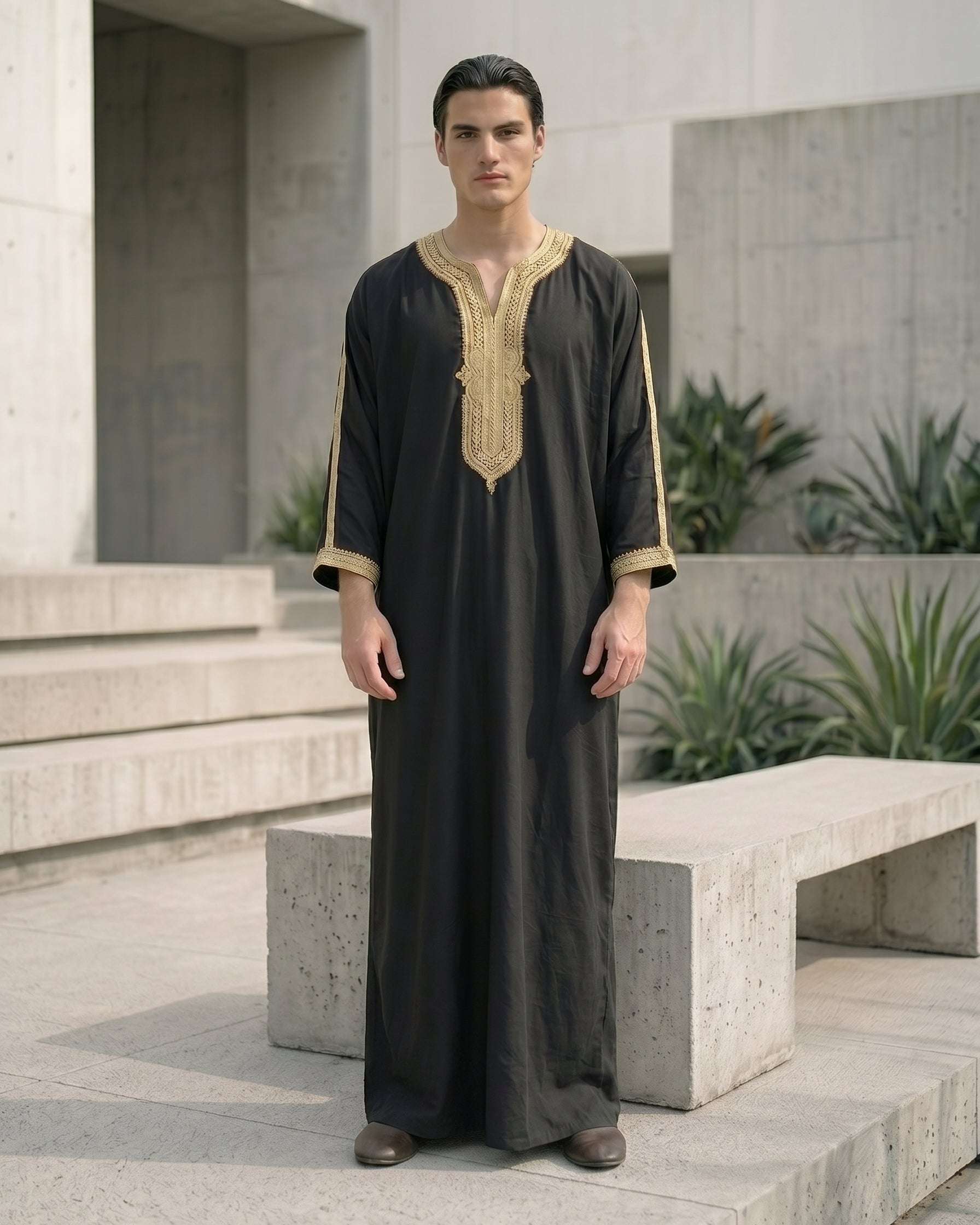 Black Moroccan thobe with gold embroidery for men, full front view