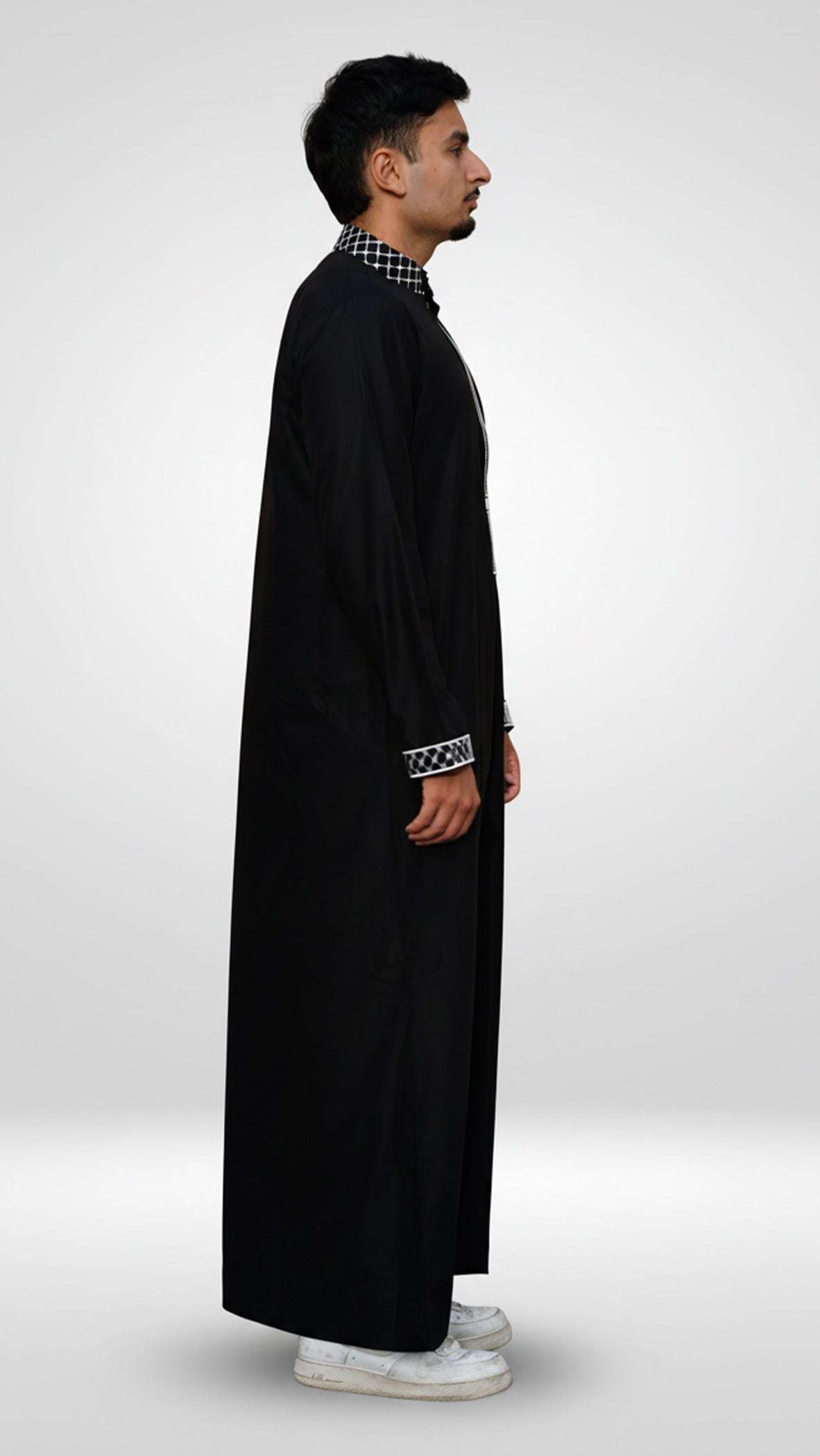 Black Palestine embroidered thobe with mandarin collar for men, back view