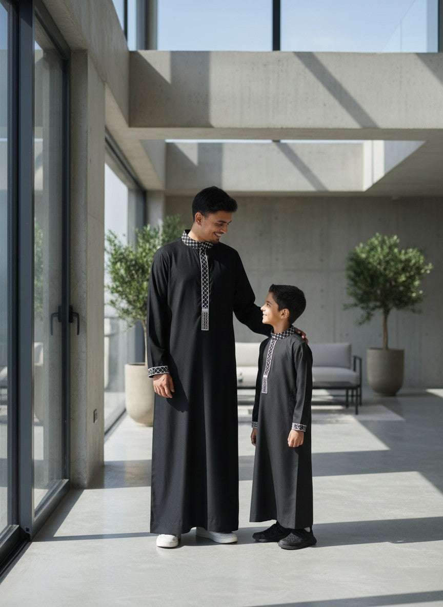 Black Palestine Kufiya thobe for men and boys, father and son pair