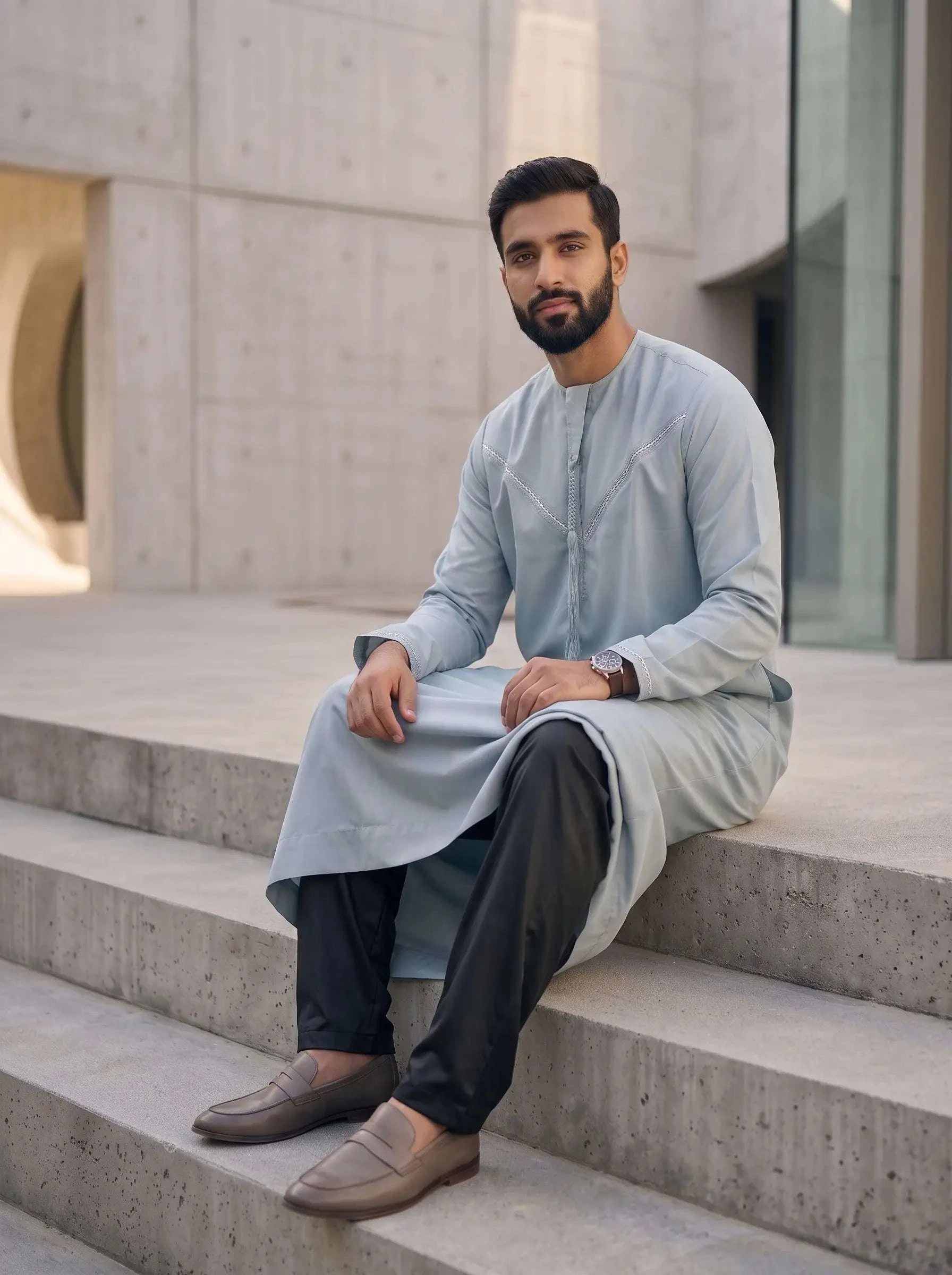 Black thobe trouser for men, full front view