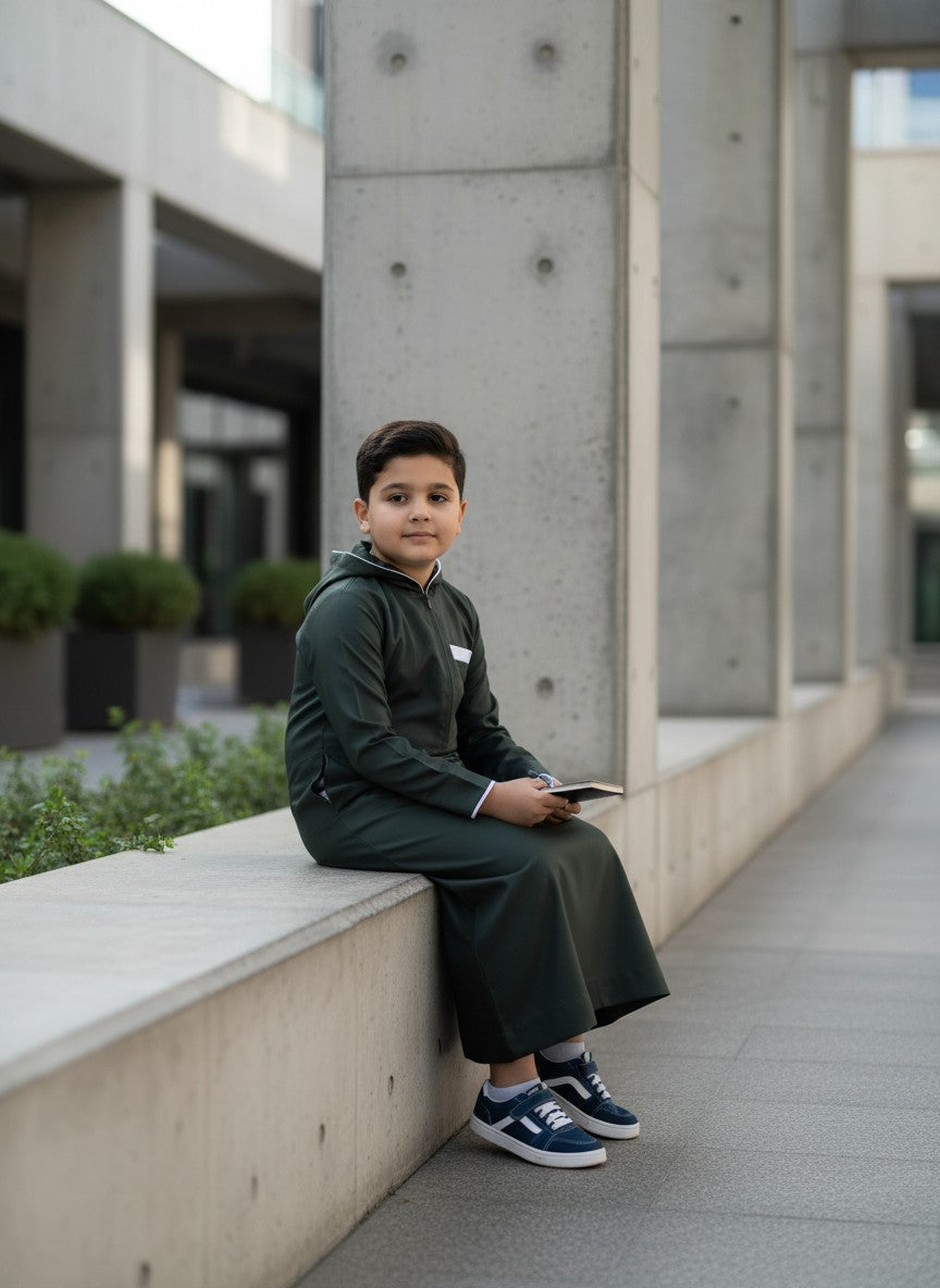 Muslim boy sitting on a beautiful prayer mat holding a tasbeeh, wearing a comfortable dark green sporty thobe. Spiritual kids lifestyle, modern Islamic clothing for boys, and practical everyday modest wear.