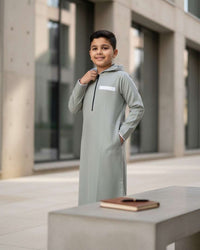 Boys' Sage Green Hooded Thobe – Sporty Half-Zip