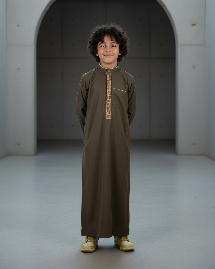 Boy's Premium Olive Green & Gold Embroidered Mandarin Collar Thobe