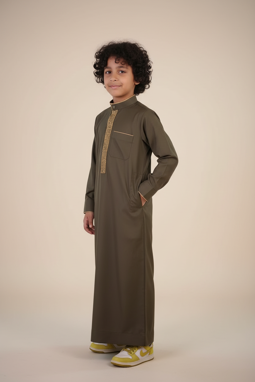 Boy's Premium Olive Green & Gold Embroidered Mandarin Collar Thobe
