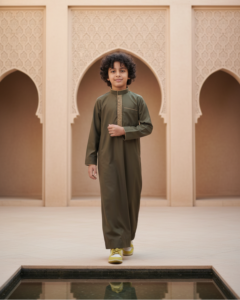 Boy's Premium Olive Green & Gold Embroidered Mandarin Collar Thobe