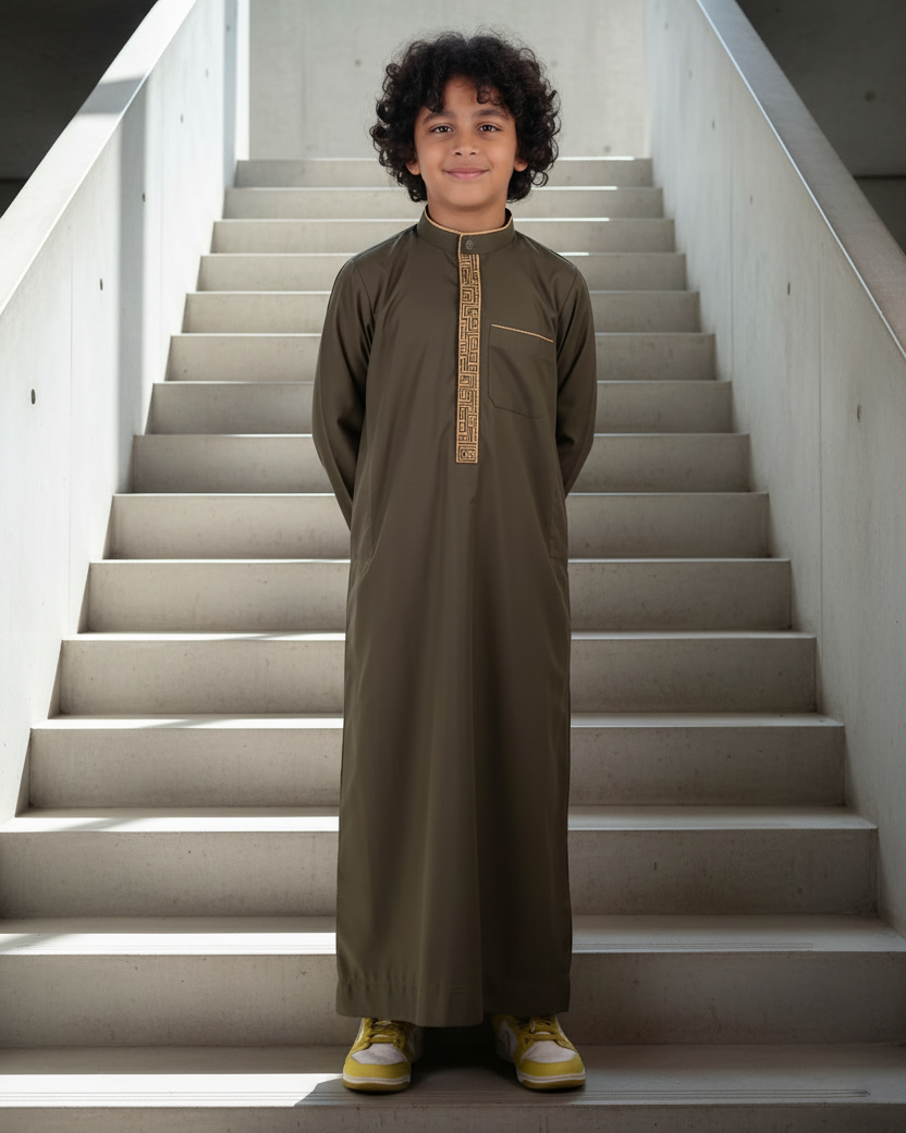 Boy's Premium Olive Green & Gold Embroidered Mandarin Collar Thobe