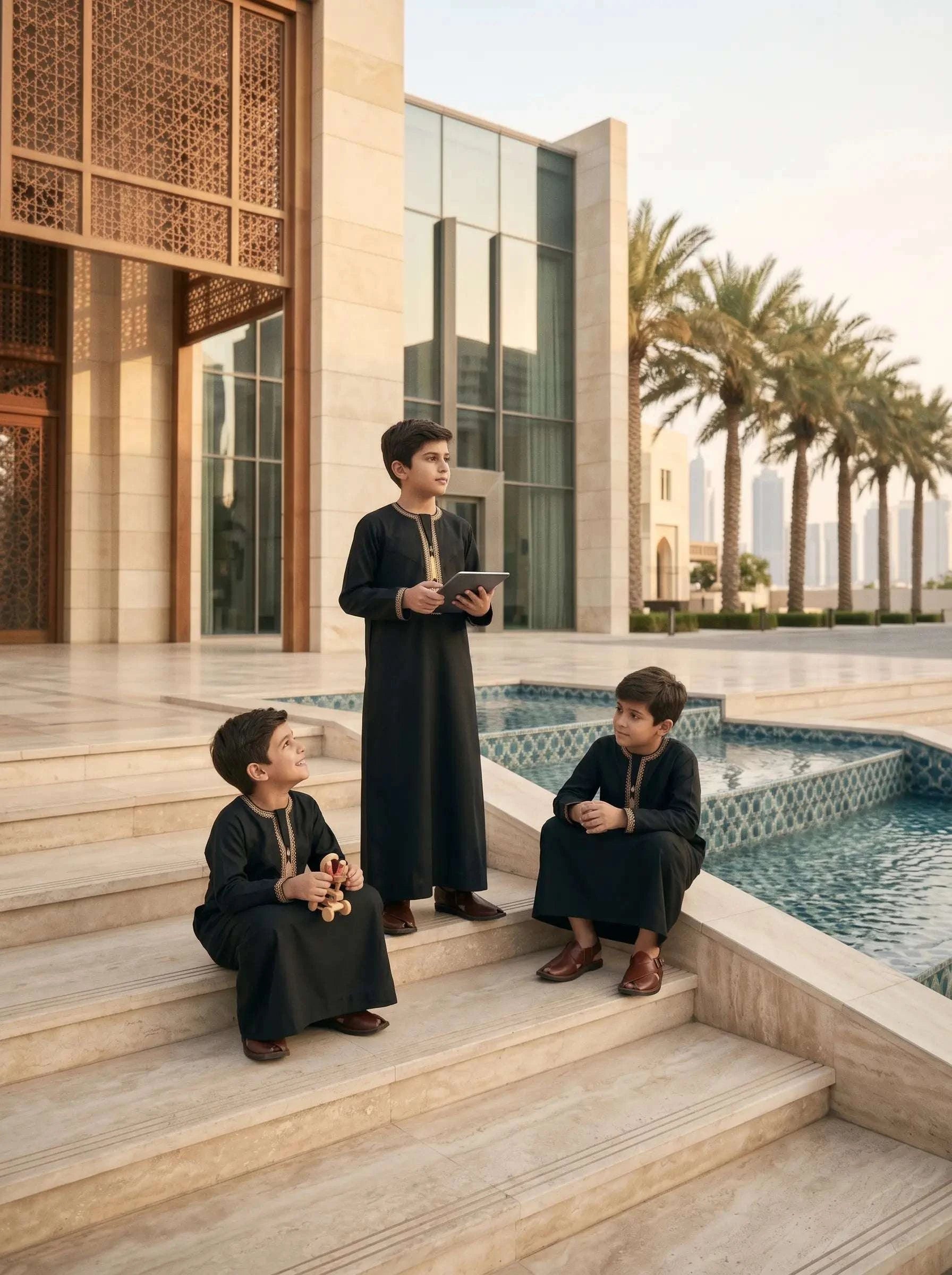 Premium Black Emirati Thobe for Kids with Tarboush