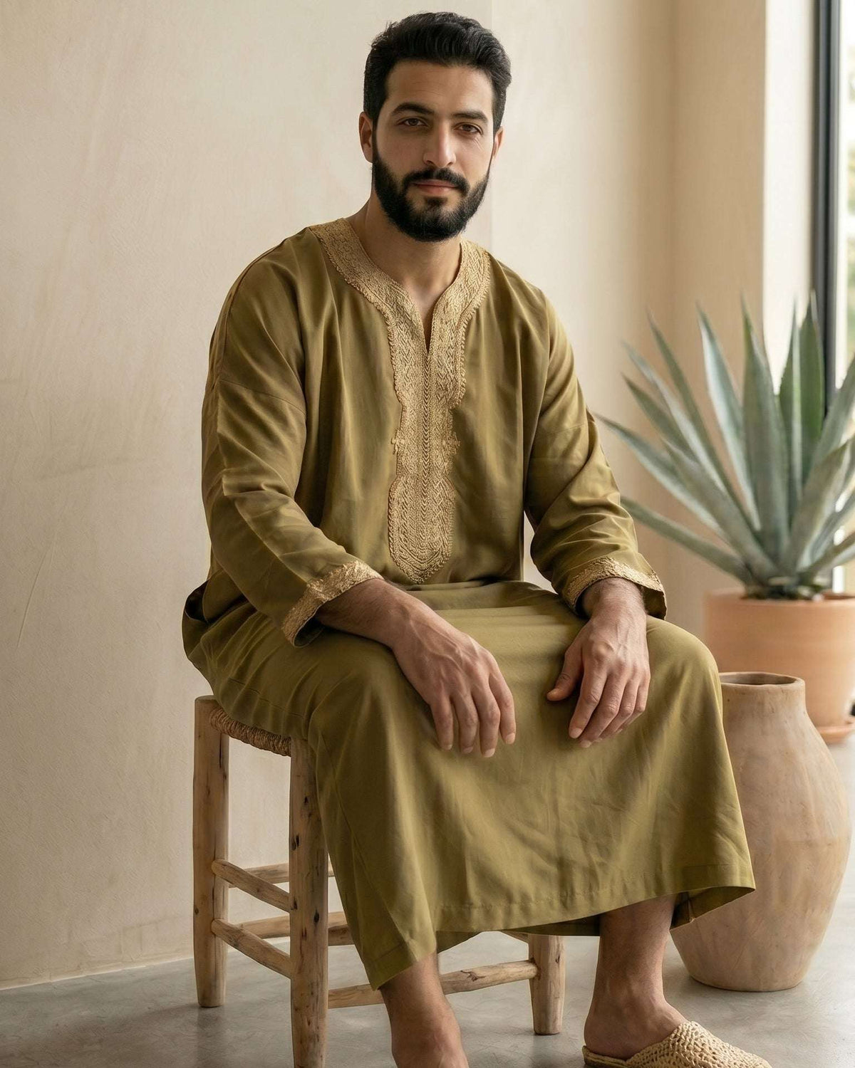 Bronze Moroccan thobe with gold embroidery for men, close-up of the embroidered detailing
