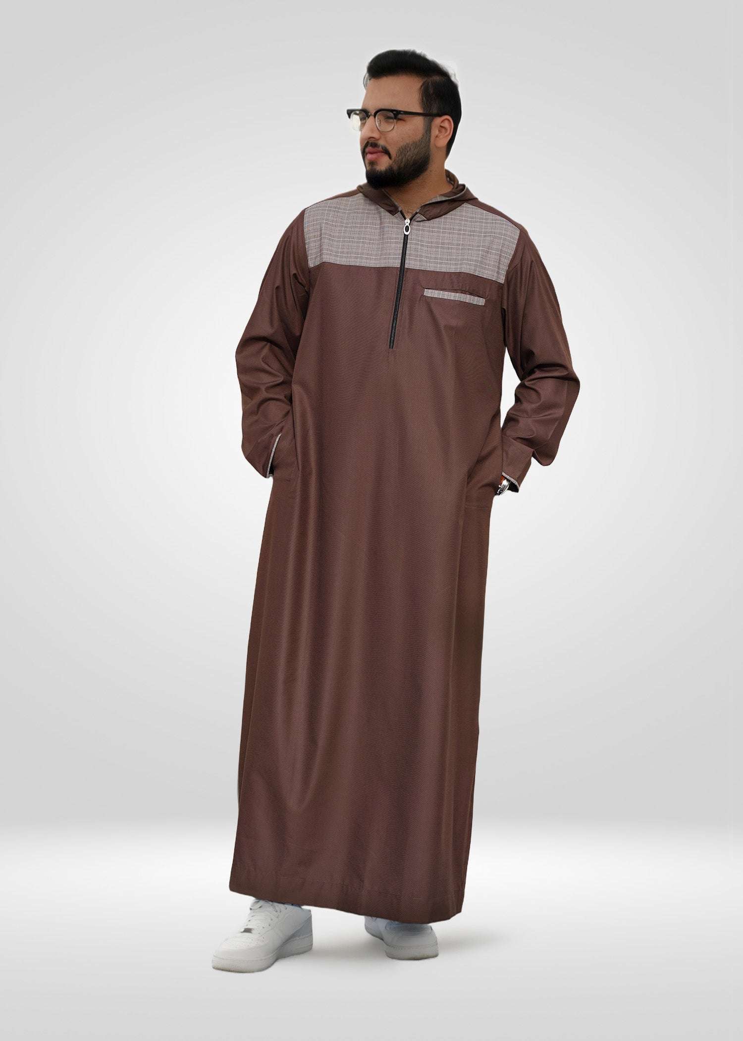 Brown hooded jubba with checkered streetwear for men, close-up of the embroidered detailing