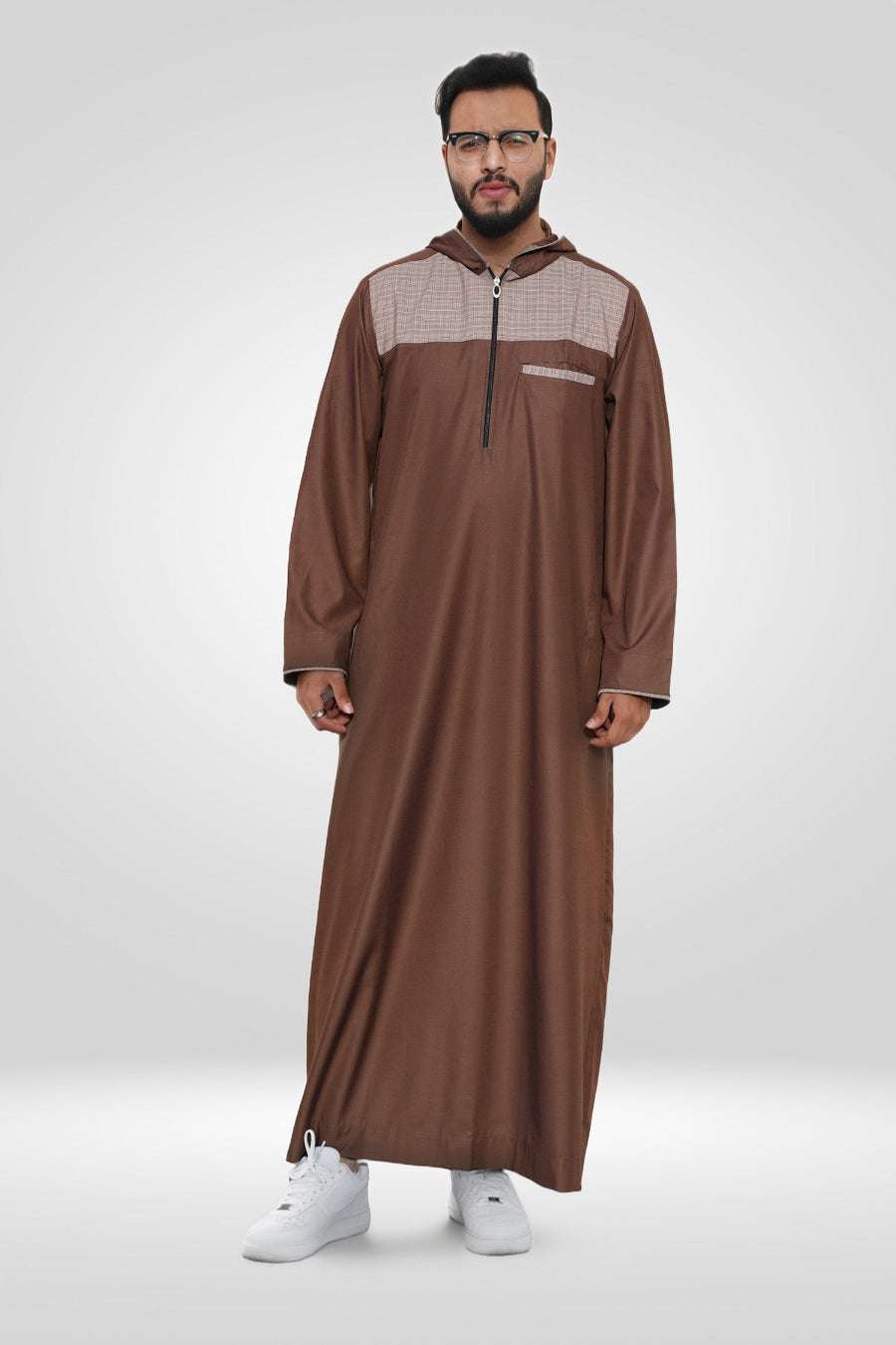 Brown hooded thobe with checkered streetwear for men, full front view