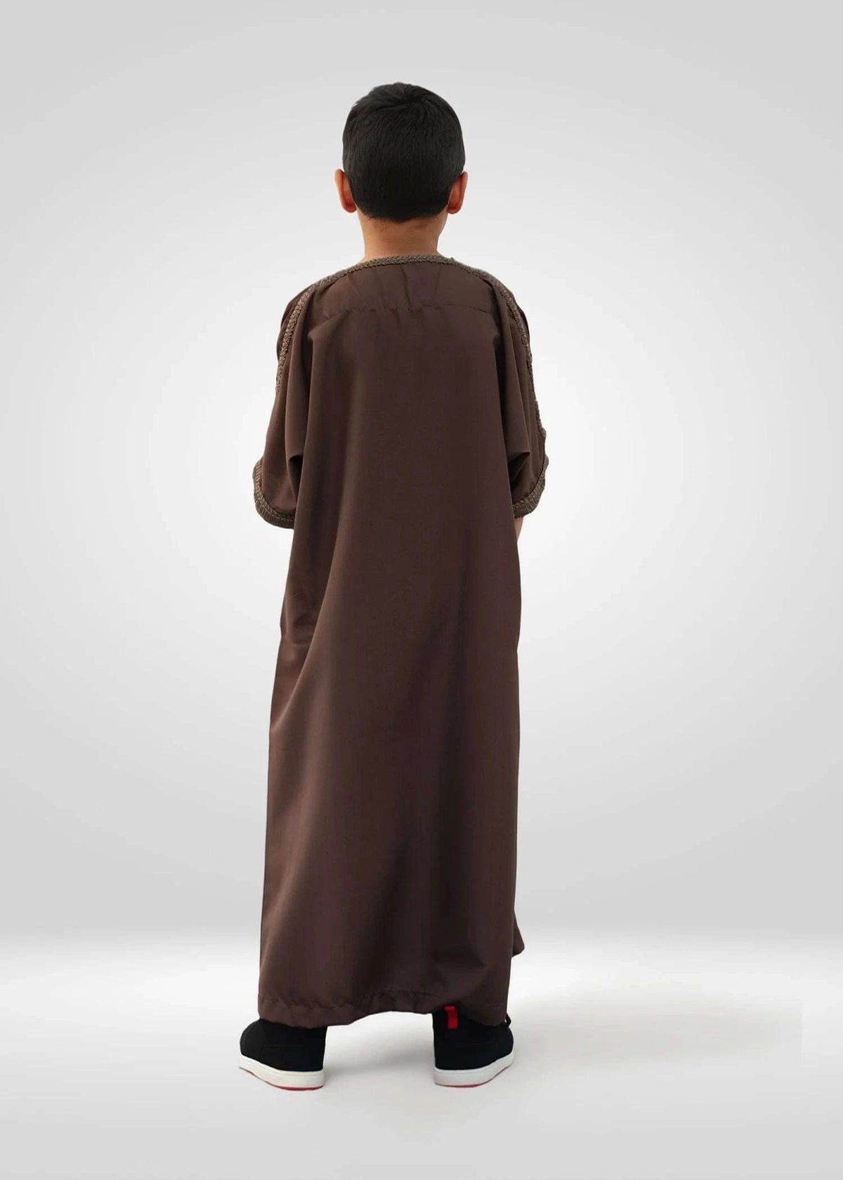 Brown Moroccan thobe for boys, back view, made for Eid and Jumuah